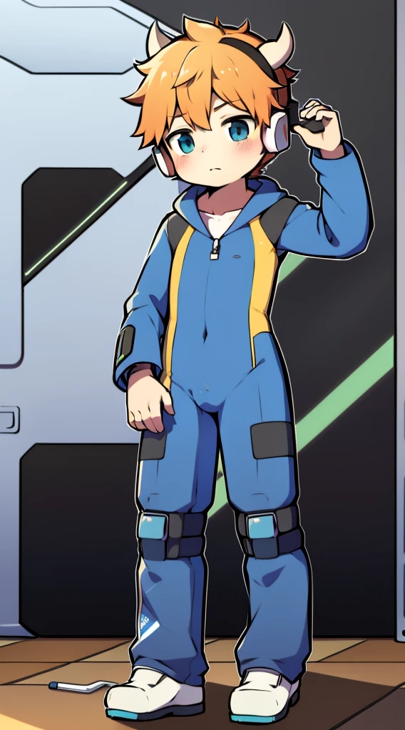2D boy Shota,One-piece mountaineering suit,Slim, healthy body,Put the headphones on your head,standing,goggles,horns,cow ears