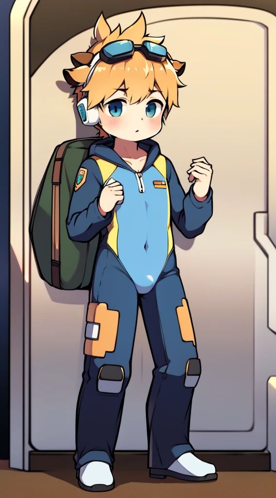2D boy Shota,One-piece mountaineering suit,Slim, healthy body,Put the headphones on your head,standing,goggles,horns,cow ears