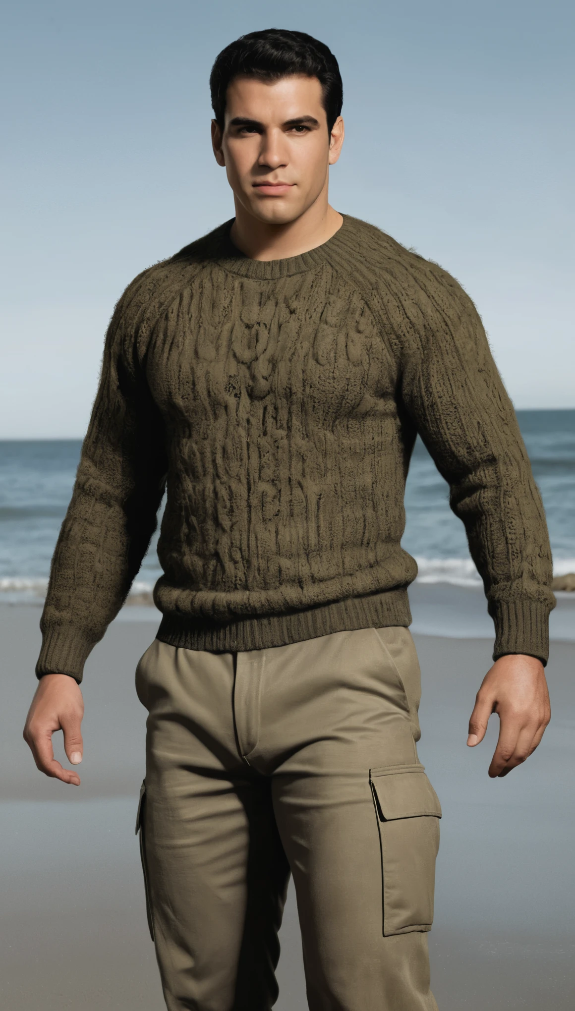 An illustrated movie poster, hand-drawn, full color, a secret agent, male, 21 years-old, wearing a rib-knit commando sweater and tactical pants, resembles a young Lou Ferrigno, sun-tanned skin, chubby face, average height, broad shoulders, soft belly, slightly chubby, deep brown eyes, wide bulbous nose, black hair, curly taper fade, thick bushy eyebrows, extremely hairy chest, stomach, and arms, lots of body hair, posing on a cold misty beach, hard shadows, graphite shading, stencil marks, airbrushed acrylic paint, masterpiece, in the style of Skyrim