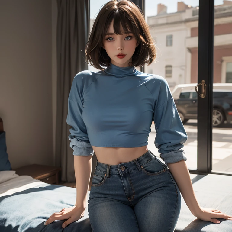 white woman, short light brown hair with bangs, blue eyes, big red lips, wearing black crop top, highwaist blue jean, realistic, innocent looking