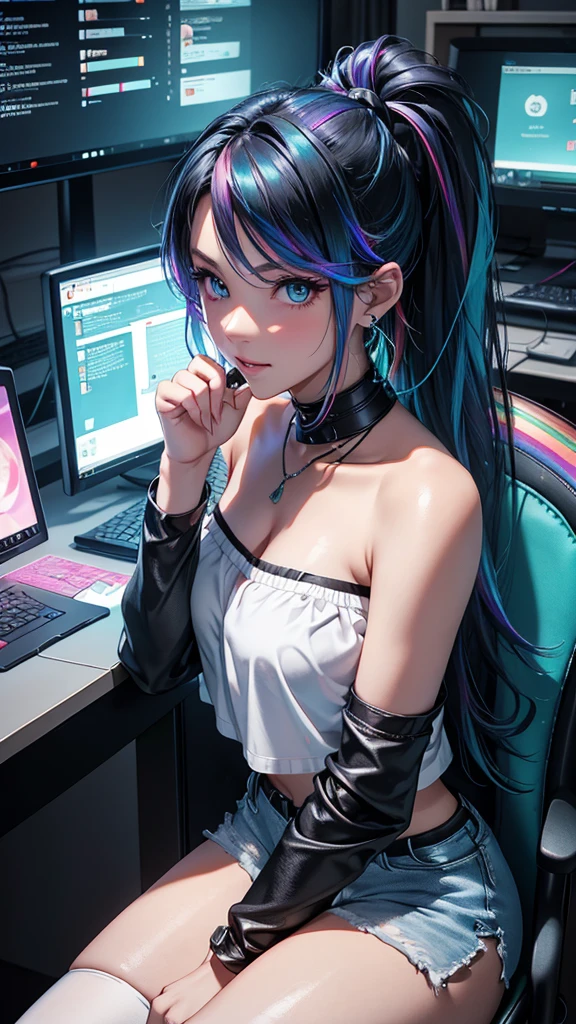 highest quality, Best image quality, girl, 20 years old, medium bust, plump breasts, sparkling amber eyes, aqua eyes, eye reflection, long upper lashes, (((rainbow hair))), long messy hair, Wavy, Top ponytail, ((Black sexy strapless short tube top)), leather jacket, (white denim hot pants), ((Black thigh socks)), Smile, glowing headphones, Diamond earrings, wristband, necklace, ring, ((squat on the chair)), in front of a computer, Playing video games, Leaning forward, Open one shoulder, elated, mouth biting bread, Look at the computer, light blush, beautiful art, background((Hacker Room, Server room, neon lights, braces, notebook)), flight, Debris flying, writing border depth, Movie, visual art, Perfect art, real, Verism, anime style, glowing light, cinematic lighting, chiaroscuro, ray tracing, 8K, masterpiece, super textured skin, super detail face, perfect face, Super fine facial details, beautiful and delicate eyes, perfect eyes, correct limbs, correct figner, super detail figner, best hair quality, best clothing quality, best prop quality