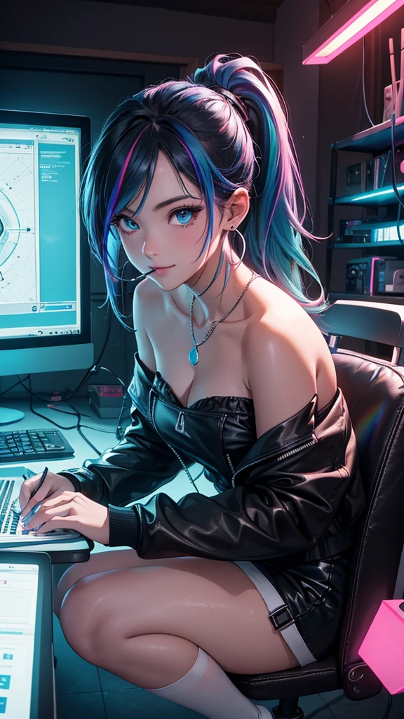 Desenhe uma jovem e bela mulher, ((1meninas: 1.2)), Eestilo anime bem detalhado, longo cabelo azul, pigtail duplo, seios enormes, umbigo aparente, saia longa azul, bra roxo, elementos musicais aparentes, fliperama, cores vibrantes, luz e sombra, teclado musical dj. --auto
