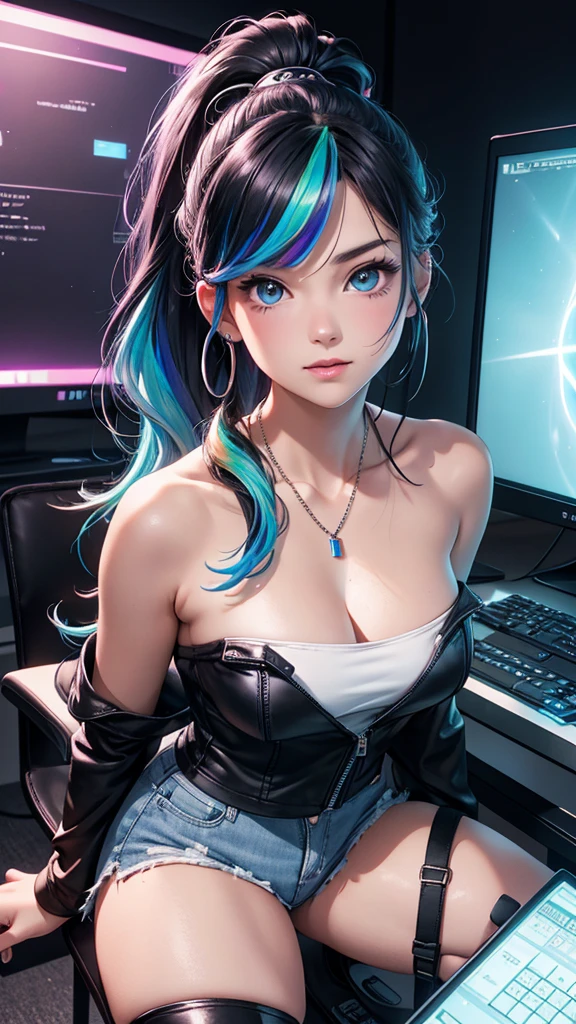 Best quality, Masterpiece, Portrait, Perfect anatomy, Femininity, Cool, Flawless, , Solo, Sexy, Stylish, Mature, Purple eyes, Long light blue hair, Mole above lip, Red lipstick, Large breasts, in a top and thong, in high socks, on a gaming chair, a joystick in his hands, in the background of the room, on the walls crying