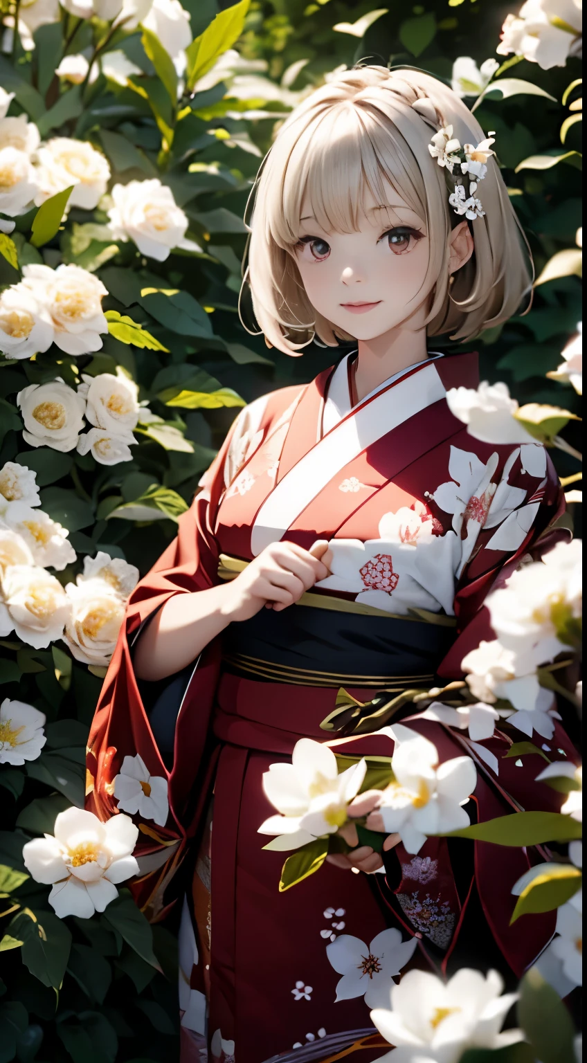 The background is a world of white flowers、highest quality, table top, High resolution, (((1 girl))), ************,red eyes、Dark red kimono、((Dark red floral kimono)), Tyndall effect, realistic, shadow studio, red lighting, dual tone lighting, (high detail skin: 1.2) Digital single-lens reflex camera, photograph, High resolution, 4k, 8K, background blur,fade out beautifully、The background is a world of white flowers