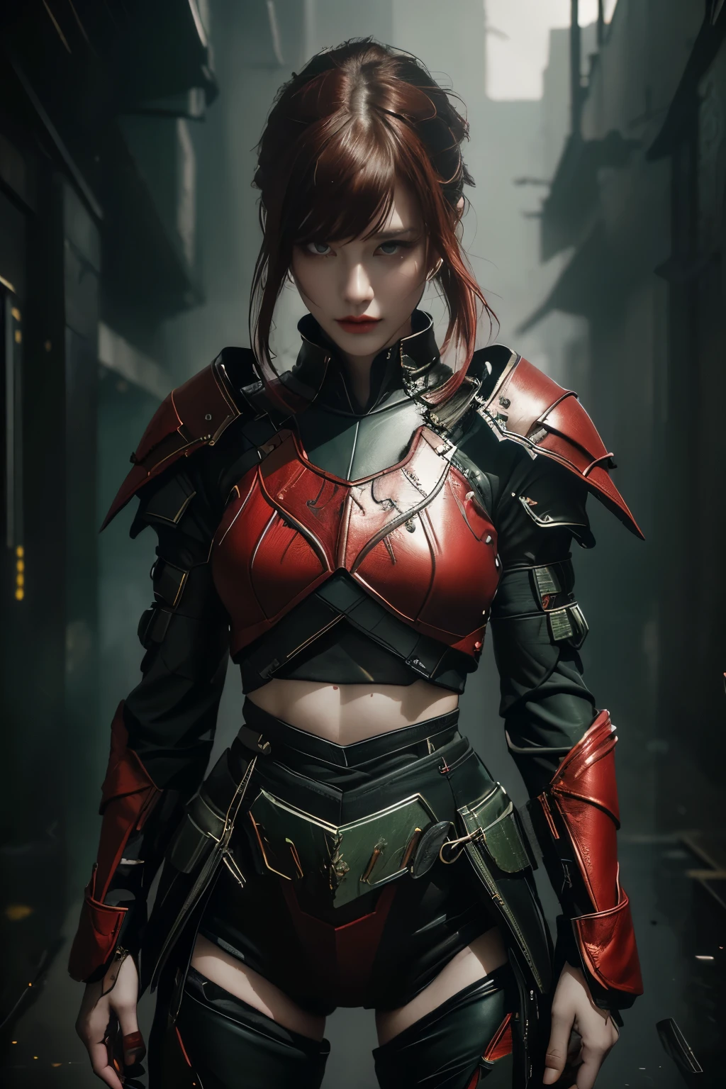 tmasterpiece,Best quality,A high resolution,8K,(Portrait photograph:1.5),(ROriginal photo),real photograph,digital photography,(Combination of cyberpunk and fantasy style),(Female soldier),20 year old girl,random hair style,By bangs,(Red eyeigchest, accessories,Redlip,(He frowned,Sneer),(Cyberpunk combined with fantasy style clothing,Openwork design,joint armor,police uniforms,Red clothes,Green),exposing your navel,Photo pose,Realisticstyle,Thunder and lightning on rainy day,(Thunder magic),oc render reflection texture