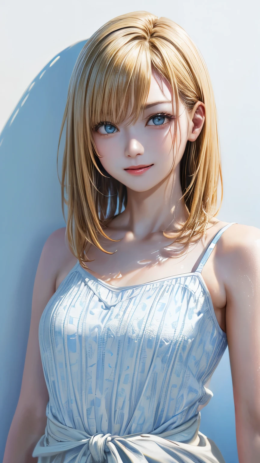 (highest quality、8K、32k、masterpiece)、(realistic)、(Photoreal:1.2)、(High resolution)、Super detailed、very beautiful face and eyes、1 girl、round and small face、thin waist、delicate body、(close、highest quality、high detail、Rich skin details)、(highest quality、8K、oil paint:1.2)、Super detailed、(realistic、realistic:1.37)、bright colors、(((I'blonde)))、(((bust shot)))、(((medium hair、blondeの髪)))、(((pure white wall background)))、(((mean)))、(((pure white wall background)))、(((水玉模様のキャミソールを着ていmean)))、(((White and light blue camisole)))、(((light blue dot pattern)))、(((水玉模様のキャミソールを着ていmean)))、(((I'laughing)))、(((髪の毛をかき上げていmean)))、(((正面を向いていmean)))