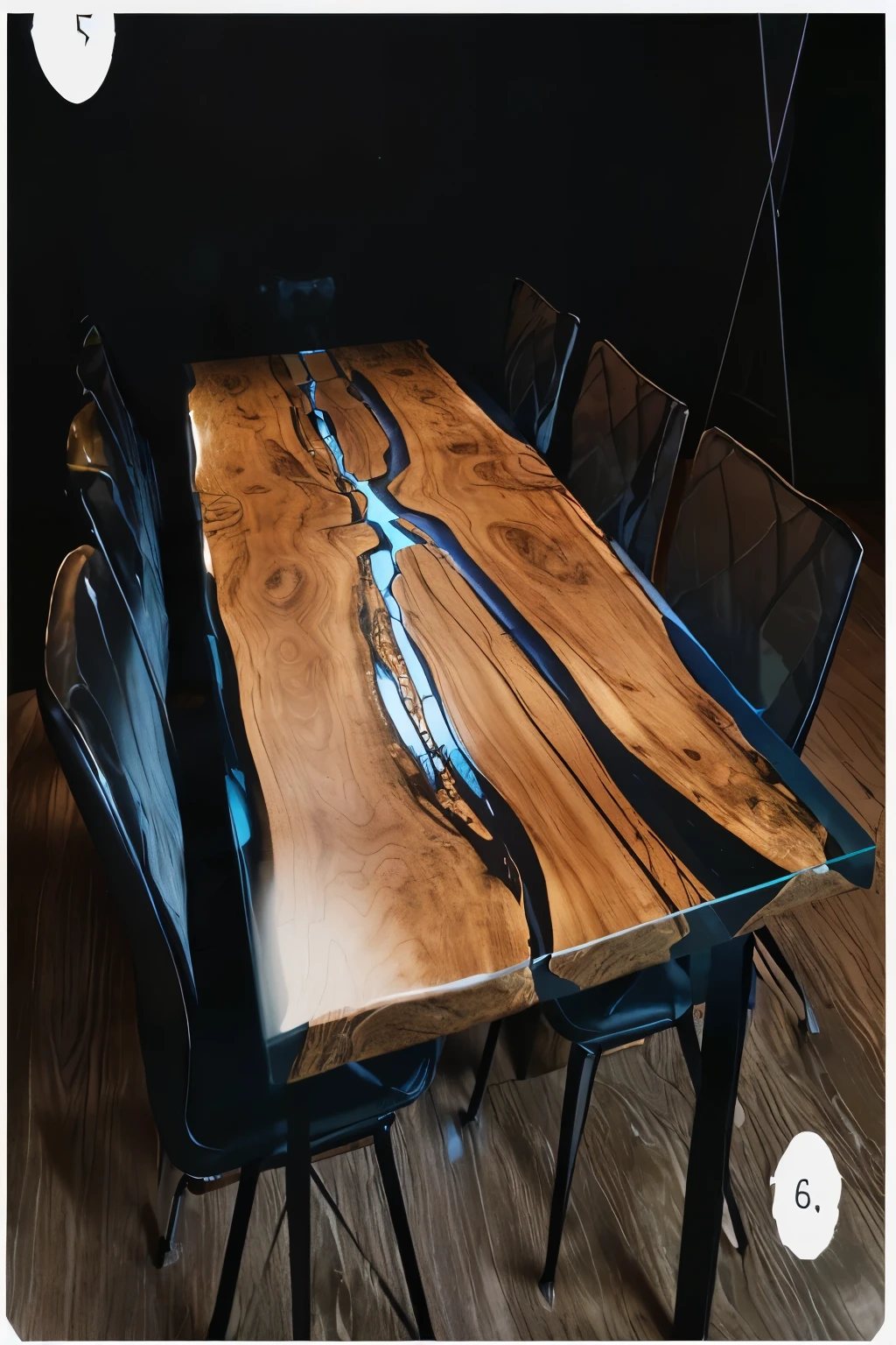 I need the tables perfectly rendered with graphic-quality, showcasing spectacular views through large windows overlooking a serene mountain landscape. The tables, each approximately 2m x 0.9m, should be captured from different angles, emphasizing their sleek design and smooth surface. The epoxy finish should be uniform in color or feature subtle mixes of hues, avoiding any additional elements like stones or patterns. Photography, realistic style with a DSLR camera using a 50mm prime lens, capturing the tables in natural light, --ar 16:9 --v 5