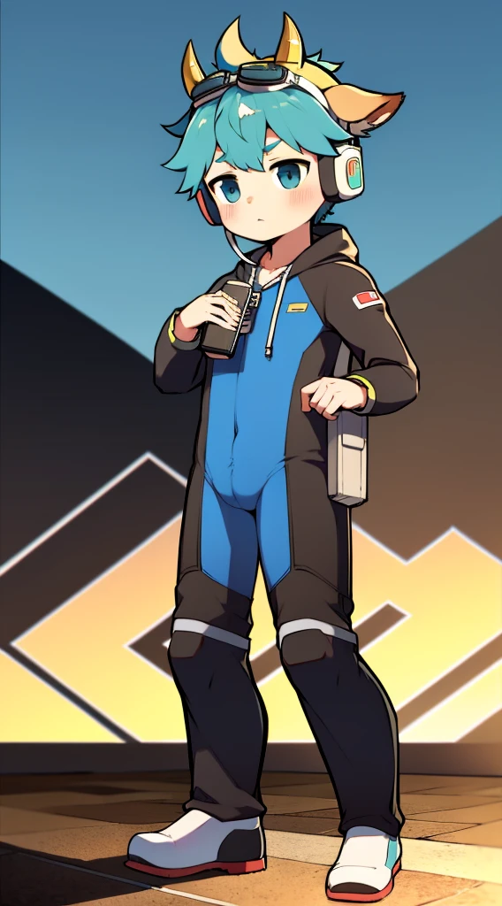 2D boy Shota，One-piece mountaineering suit，Slim, healthy body，Put the headphones on your head，standing，goggles，horns，cow ears