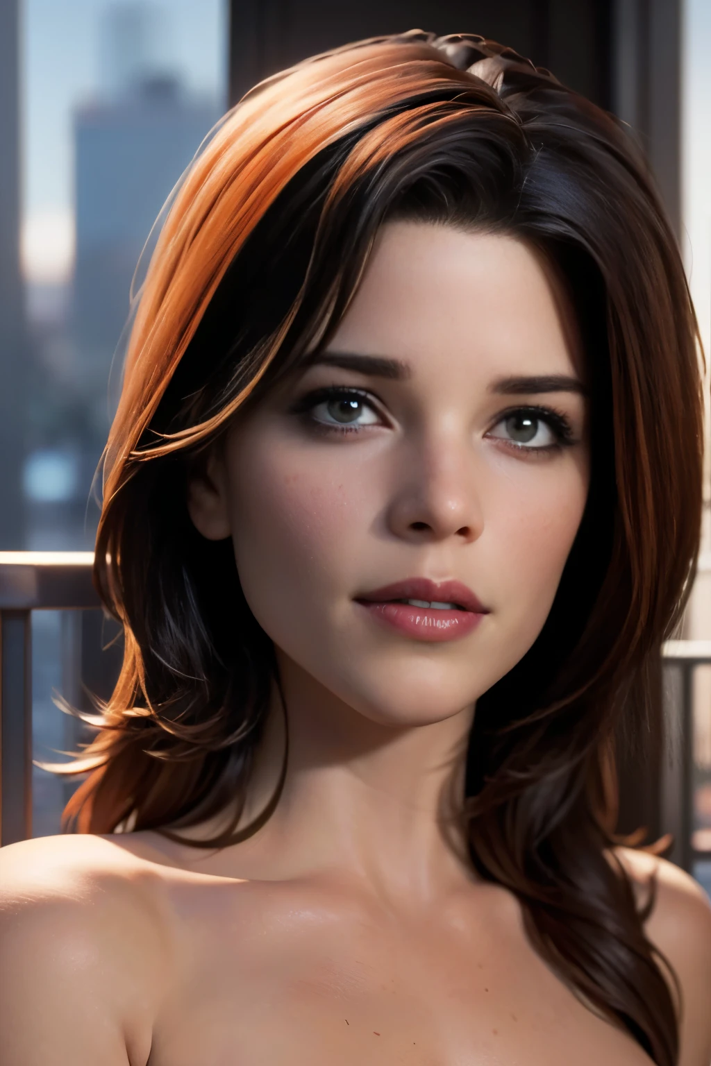 photo of Neve Campbell, RAW, beautiful woman, ((portrait)), ((detailed face:1.2)), ((detailed facial feature, detailed skin, clear skin), (perfect proportioned body), (NSFW: 1.5) (high detailed city environment, apartment balcony), (realistic photo, best quality, detailed), (8k wallpaper), (cinematic lighting, dramatic lighting) (sharp focus, intricate)