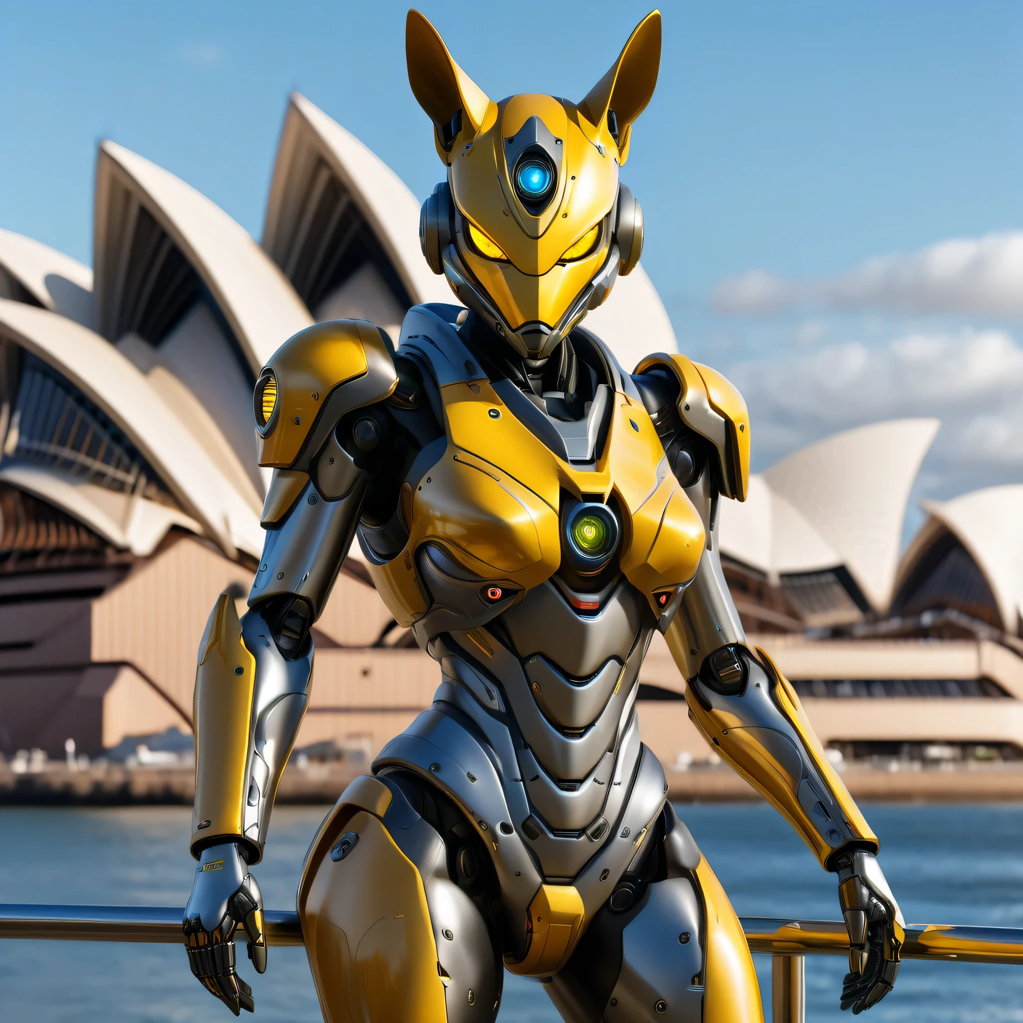 an ultra detailed, hiper realism, digital art, of a mecha Kangaroo, yellow eyes, with in an elegant Australia flag colors in your cyborg armor with mechanic parts and cyborg helmet and Sydney opera house on background , sci-fi armor, super detailed armor, carbon textures, ghost in the shell, deus ex, full body shot, action pose, ultra sharp focus, award winning photography, perfect contrast, high sharpness, depth of field, ultra detailed photography, global illumination, smooth, 18mm, full body vision, ultra high definition, 8k, unreal engine 5, ultra sharp focus, award winning photography, trending on artstation