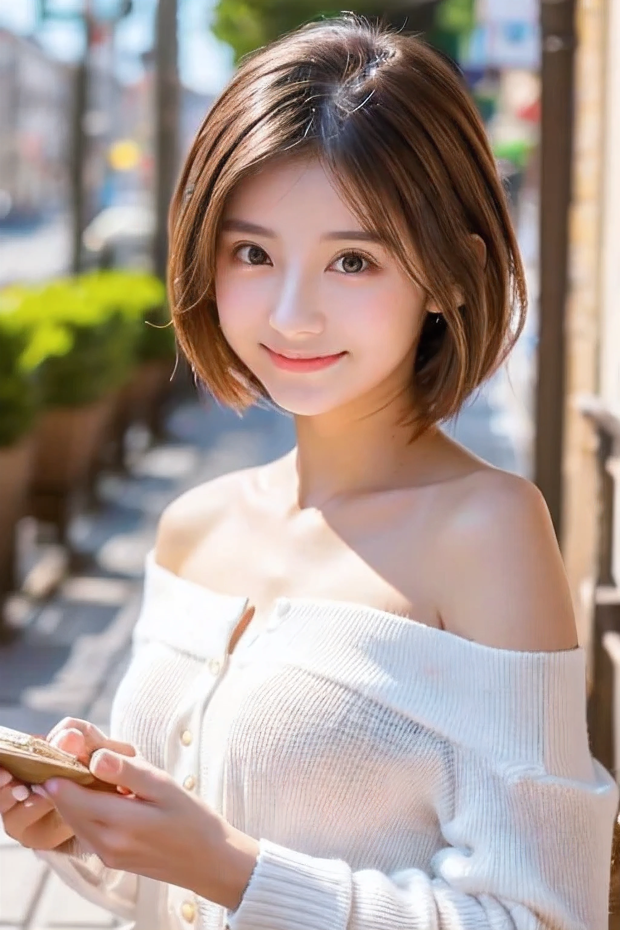 highest quality、super detailed、masterpiece、realistic、Photoreal、one girl、(cute 17 year old girl、small head)、(cute:1.2)、Bewitching、(brown hair、short bob hair)、eyes are brown、perfect shiny skin、((Slender))、Narrow waist、((perfect body))、model pose、accurate depiction、perfect face、brown cardigan、white shirt、off shoulder、big and full breasts:1.1、facing the front、bright lighting、sunny day、Cafe、terrace、blur the background