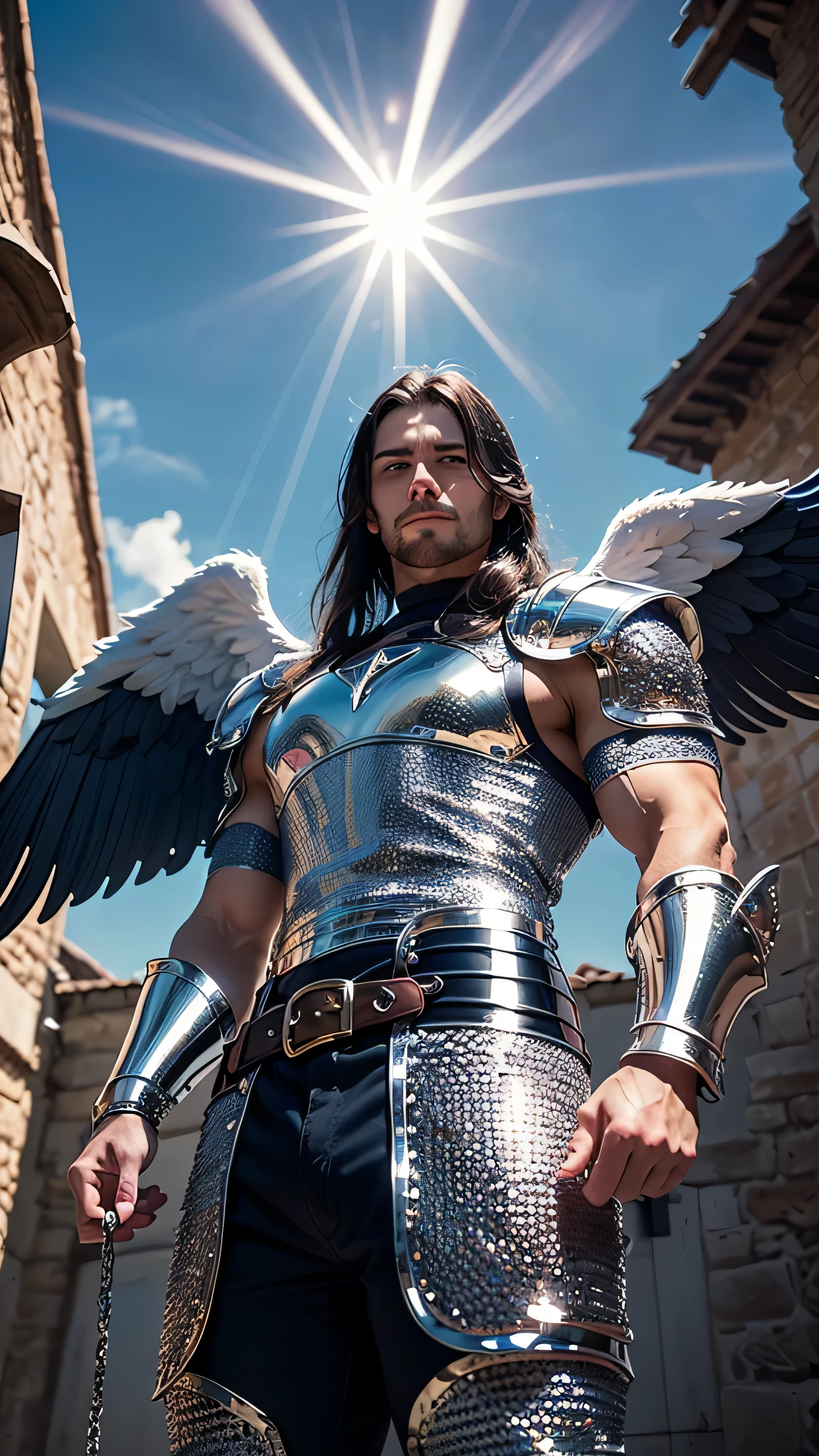 ((masterpiece)), intricate details, sharp focus, professional, real life, realistic representation of the face, dynamic pose, (((solo Man, masculine, bodybuilder, ((medieval armor:1.6, glossy lacquered navy chrome perfectchainmail, god rays, glowing)), from below, vintage wide white angel wings, leather belt), [dark hair:green hair:0.6], eyepatch, superhero pose, smirking, background medieval castle courtyard))