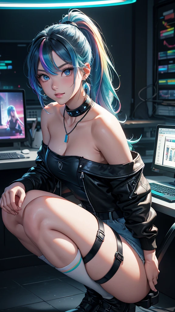 highest quality, Best image quality, girl, 20 years old, medium bust, plump breasts, sparkling amber eyes, aqua eyes, eye reflection, long upper lashes, (((rainbow hair))), long messy hair, Wavy, Top ponytail, ((Black  sexy strapless short tube top)), leather jacket, (white denim hot pants), ((Black thigh socks)), Smile, glowing headphones, Diamond earrings, wristband, necklace, ring, ((squat on the chair)), in front of a computer, Playing video games, Leaning forward, Open one shoulder, elated, mouth biting bread, Look at the computer, light blush, beautiful art, background((Hacker Room, Server room, neon lights, braces, notebook)), flight, Debris flying, writing border depth, Movie, visual art, Perfect art, real, Verism, anime style, glowing light, cinematic lighting, chiaroscuro, ray tracing, 8K, masterpiece, super textured skin, super detail face, perfect face, Super fine facial details, beautiful and delicate eyes, perfect eyes, correct limbs, correct figner, super detail figner, best hair quality, best clothing quality, best prop quality