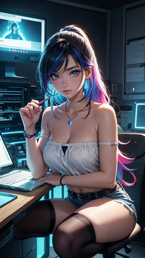 highest quality, Best image quality, girl, 20 years old, medium bust, plump breasts, sparkling amber eyes, aqua eyes, eye reflection, long upper lashes, (((rainbow hair))), long messy hair, Wavy, Top ponytail, ((Black sexy strapless short tube top)), leather jacket, (white denim hot pants), ((Black thigh socks)), Smile, glowing headphones, Diamond earrings, wristband, necklace, ring, ((squat on the chair)), in front of a computer, Playing video games, Leaning forward, Open one shoulder, elated, mouth biting bread, Look at the computer, light blush, beautiful art, background((Hacker Room, Server room, neon lights, braces, notebook)), flight, Debris flying, writing border depth, Movie, visual art, Perfect art, real, Verism, anime style, glowing light, cinematic lighting, chiaroscuro, ray tracing, 8K, masterpiece, super textured skin, super detail face, perfect face, Super fine facial details, beautiful and delicate eyes, perfect eyes, correct limbs, correct figner, super detail figner, best hair quality, best clothing quality, best prop quality