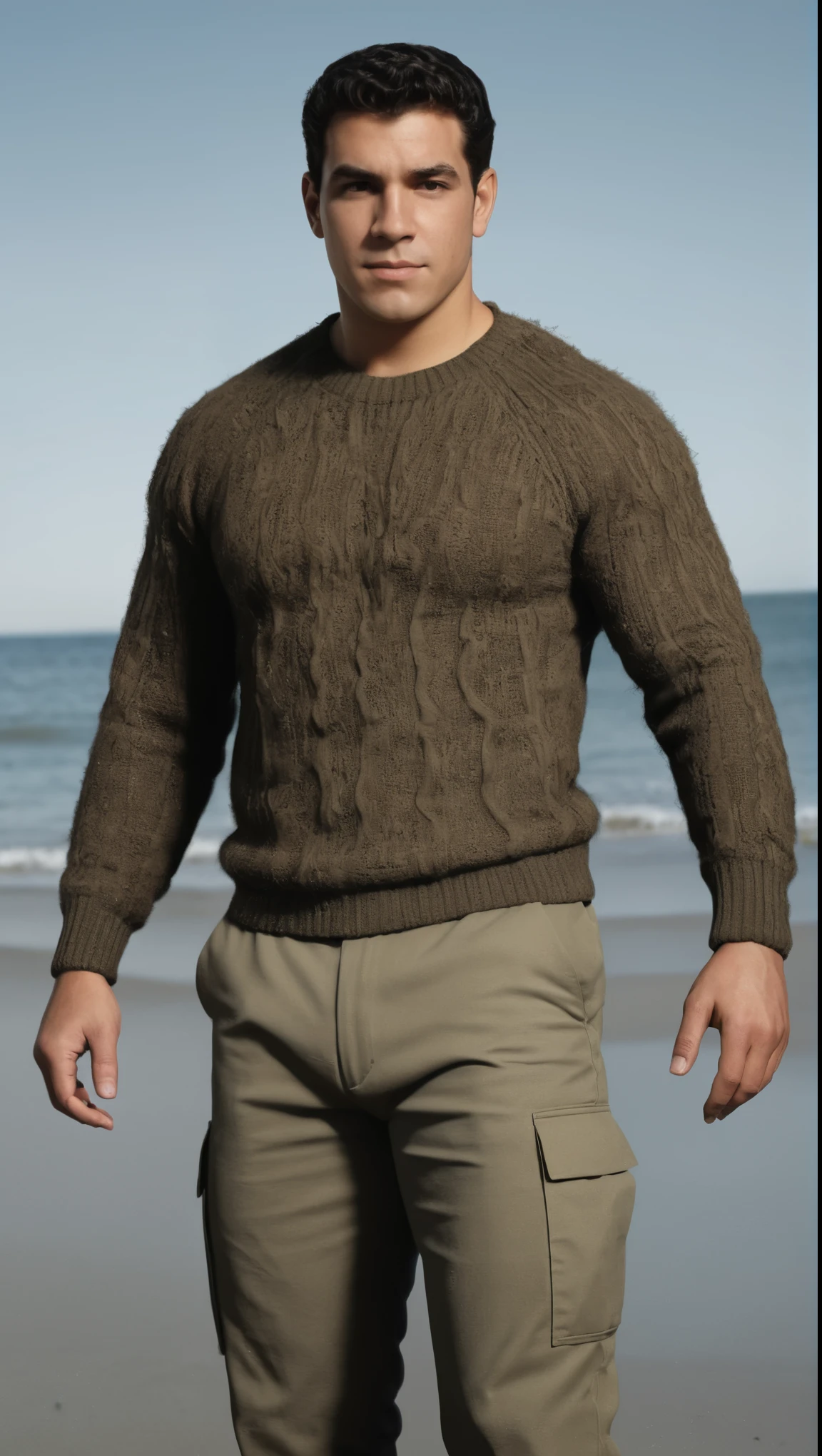 An illustrated movie poster, hand-drawn, full color, a secret agent, male, 21 years-old, wearing a rib-knit commando sweater and tactical pants, resembles a young Lou Ferrigno, sun-tanned skin, chubby face, average height, broad shoulders, soft belly, slightly chubby, deep brown eyes, wide bulbous nose, black hair, curly taper fade, thick bushy eyebrows, extremely hairy chest, stomach, and arms, lots of body hair, posing on a cold misty beach, hard shadows, graphite shading, stencil marks, airbrushed acrylic paint, masterpiece, in the style of Skyrim