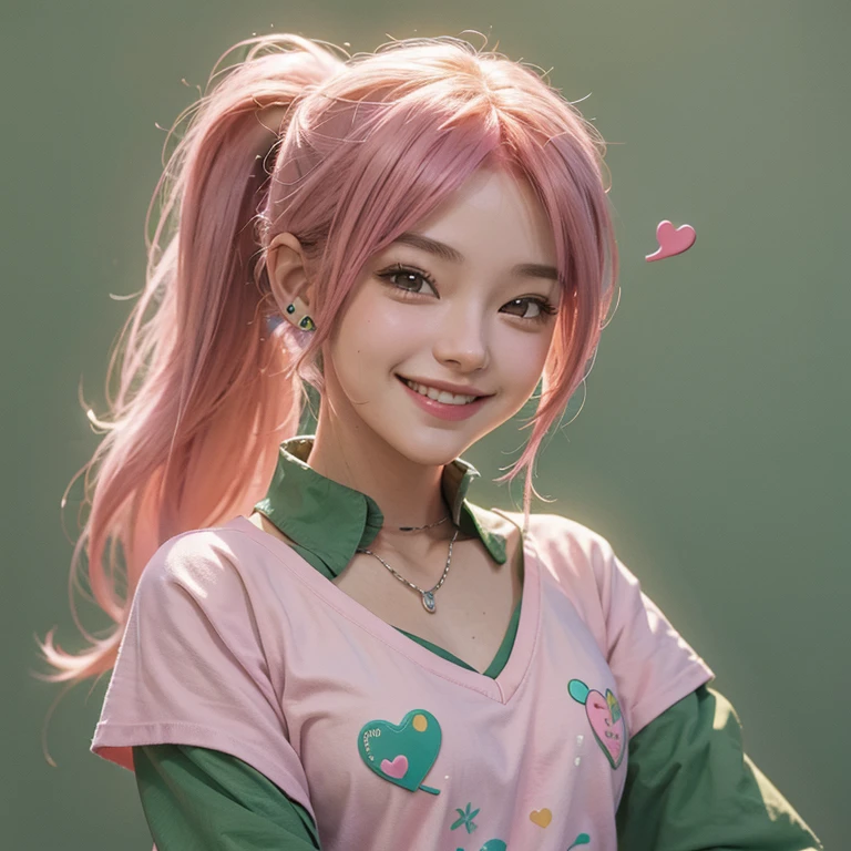 young woman, smiley face, pink hair, ponytail, brown eyes, green shirt with heart shaped opening on chest