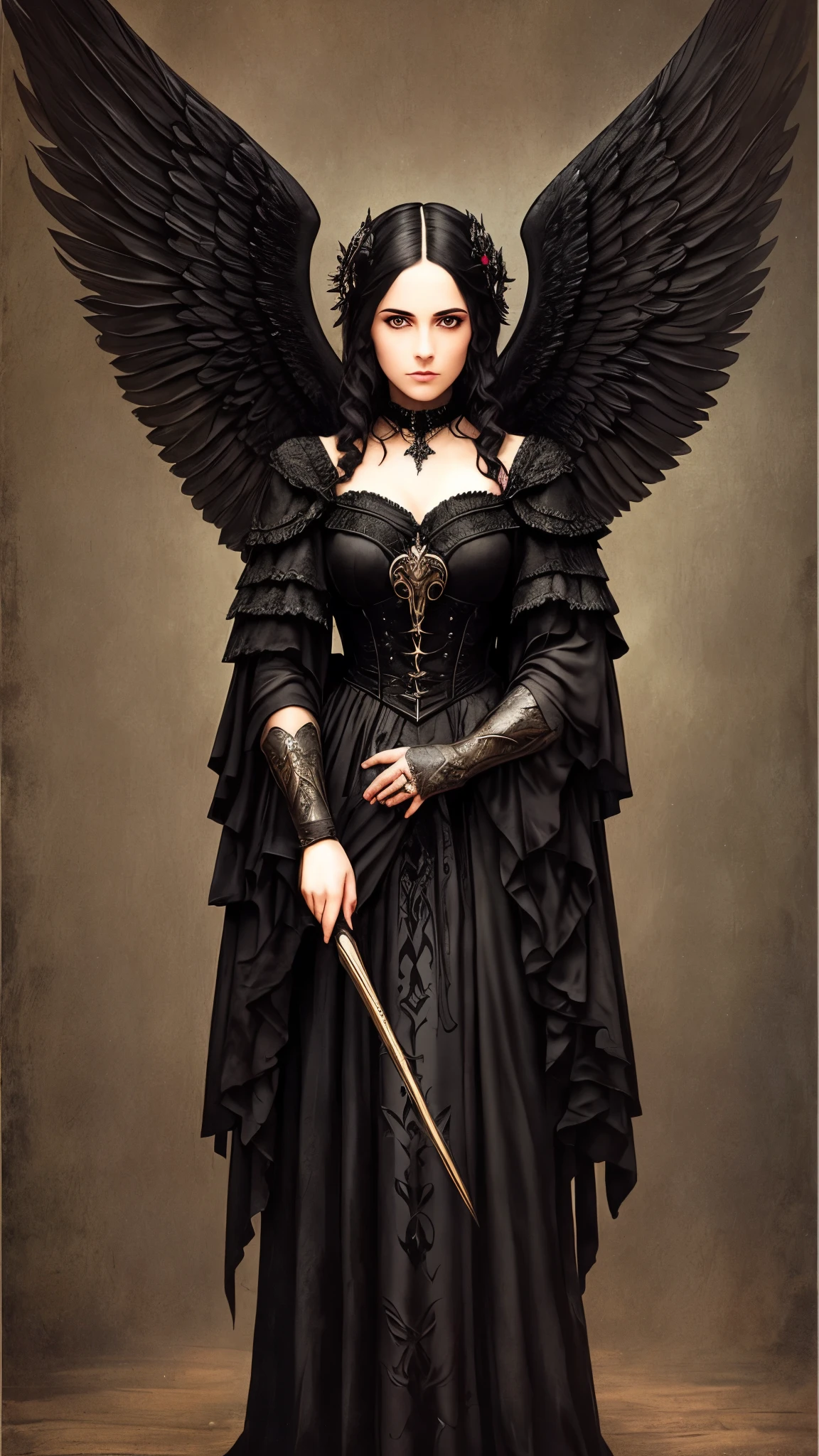un primer plano de una mujer sentada en una silla con alas, gothic fantasy art, Vampiro femenino con alas de cuervo, gothic art style, neogothic art, gothic art, the villain has black angel wings, Detailed 3D Gothic oil painting, y mumford tom bagshaw, female lord of change, Alas de plumas oscuras, in style of dark fantasy art, Dark fantasy style art..