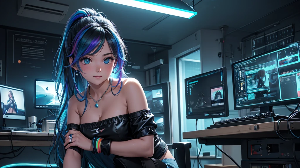 Create a high-quality, detailed image of a beautiful, anime gamer girl and long hair, bright blue eyes, sitting at her gaming PC in her gaming room. She is wearing a see through tank to, and sleep shorts, showing her midriff, highlighting her stunning curves. The warm, inviting scene includes soft ambient lighting, comfortable seating, The setting is illuminated by a small lamp, creating a serene and intimate atmosphere