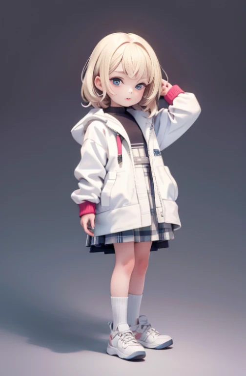 Masterpiece, High quality, , Hold the long skirt checked, digital camera, White jacket, blond, Head forward, Looking at the camera, Full body, Center of the screen
