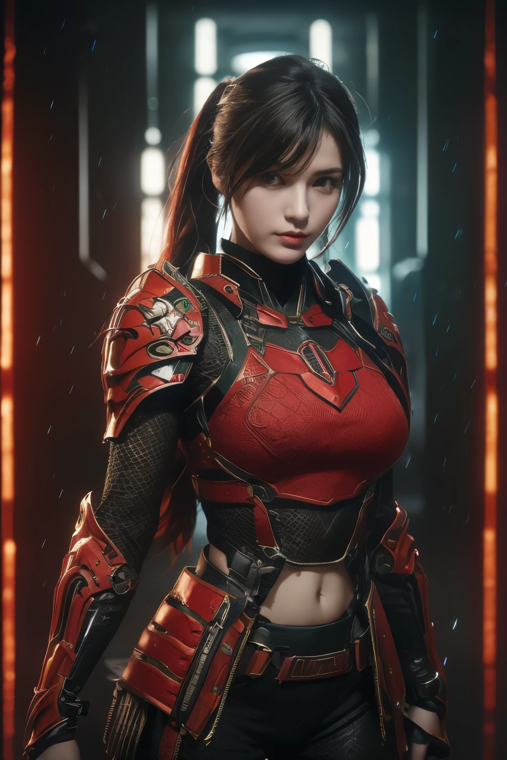 tmasterpiece,Best quality,A high resolution,8K,(Portrait photograph:1.5),(ROriginal photo),real photograph,digital photography,(Combination of cyberpunk and fantasy style),(Female soldier),20 year old girl,random hair style,By bangs,(Red eyeigchest, accessories,Redlip,(He frowned,Sneer),(Cyberpunk combined with fantasy style clothing,Openwork design,joint armor,police uniforms,Red clothes,Green),exposing your navel,Photo pose,Realisticstyle,Thunder and lightning on rainy day,(Thunder magic),oc render reflection texture