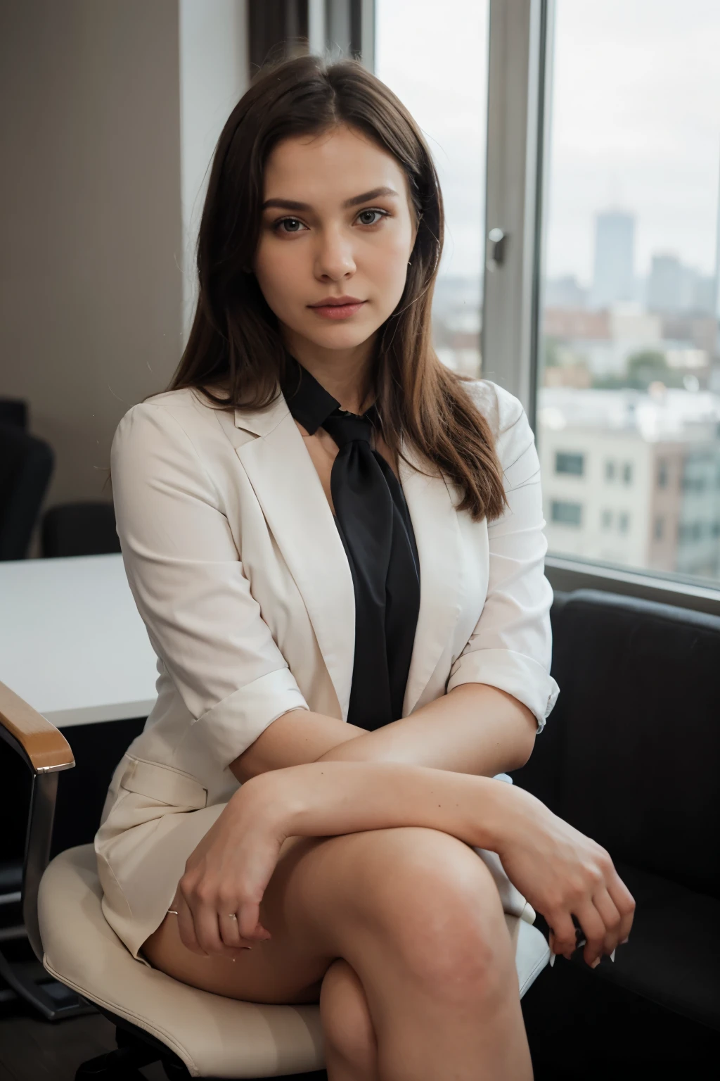 Arafed woman sitting on a white chair with a black tie, Girl in a suit, Girl in a suit, elegant fashion model, style of Yulia Razumova, женщина in a business suit, wear an elegant outfit, Sleek black and white, In a formal business suit, in a business suit, sophisticated young woman, in a business suit, advertising portrait
