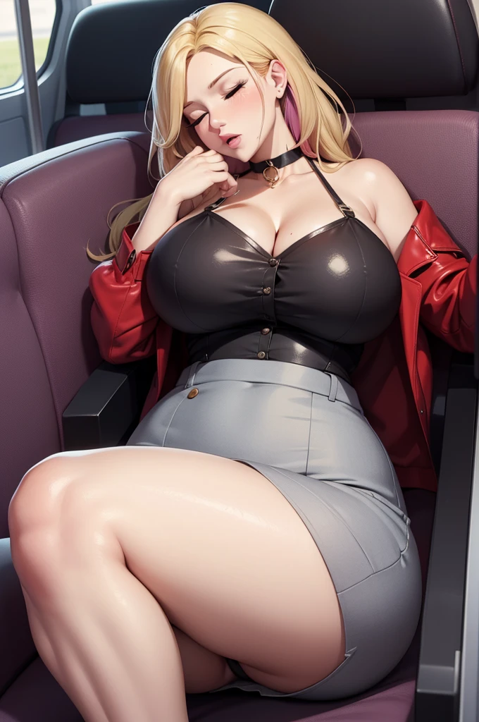 1 beautiful woman, blonde, big body, multicolored pants, multicolored corset, asleep on the bus, mouth open, cream heels, eyes closed, (wide hips:1.1), (MILF:1.5)