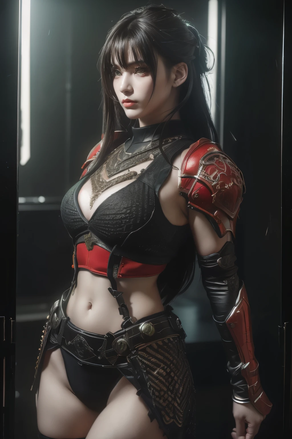 tmasterpiece,Best quality,A high resolution,8K,(Portrait photograph:1.5),(ROriginal photo),real photograph,digital photography,(Combination of cyberpunk and fantasy style),(Female soldier),20 year old girl,random hair style,By bangs,(Red eyeigchest, accessories,Redlip,(He frowned,Sneer),(Cyberpunk combined with fantasy style clothing,Openwork design,joint armor,police uniforms,Red clothes,Green),exposing your navel,Photo pose,Realisticstyle,Thunder and lightning on rainy day,(Thunder magic),oc render reflection texture