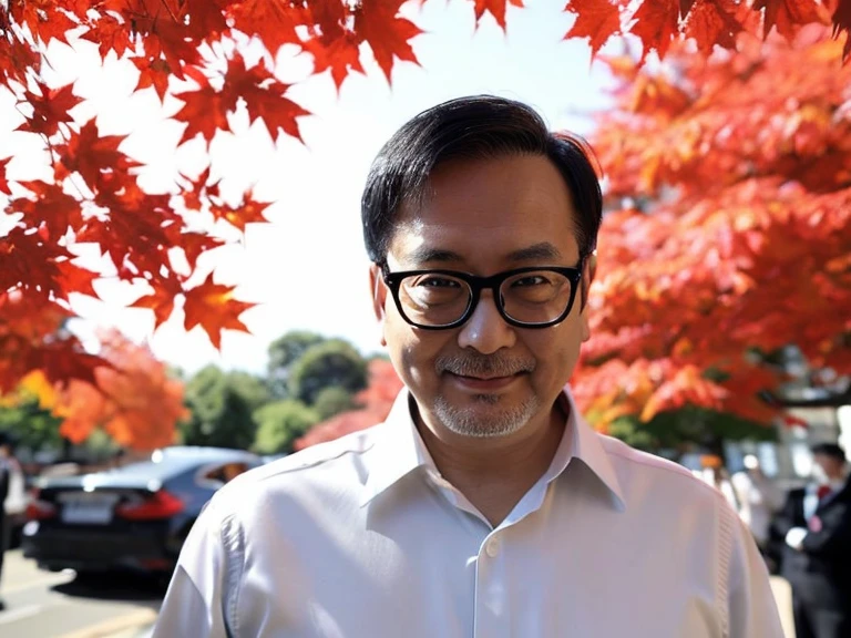 (One wears silver-white titanium alloy thin-rimmed glasses、Wearing a white shirt、Asian man in suit and tie,About 36 years old.Height 180 cm)、best quality、masterpiece、ultra high resolution、(Photo realism:1.4)、original photo、(室外街道上One wears silver-white titanium alloy thin-rimmed glasses、Wearing a white shirt、man in suit and tie、Standing under the red maple tree、Red and big maple leaves、delicate leaves、branch details)、(A white BMW car next to the man、Man's hands on car roof)shadow、octane rendering、8K、Super sharp、realistic light、(There is only one car on the street、man's shining eyes、looking in the direction of the camera)、小LED、Professional profile photo, Professional portrait photos、Realistic portrait photos, Detailed color portrait, Portrait of an idol, High quality portrait.