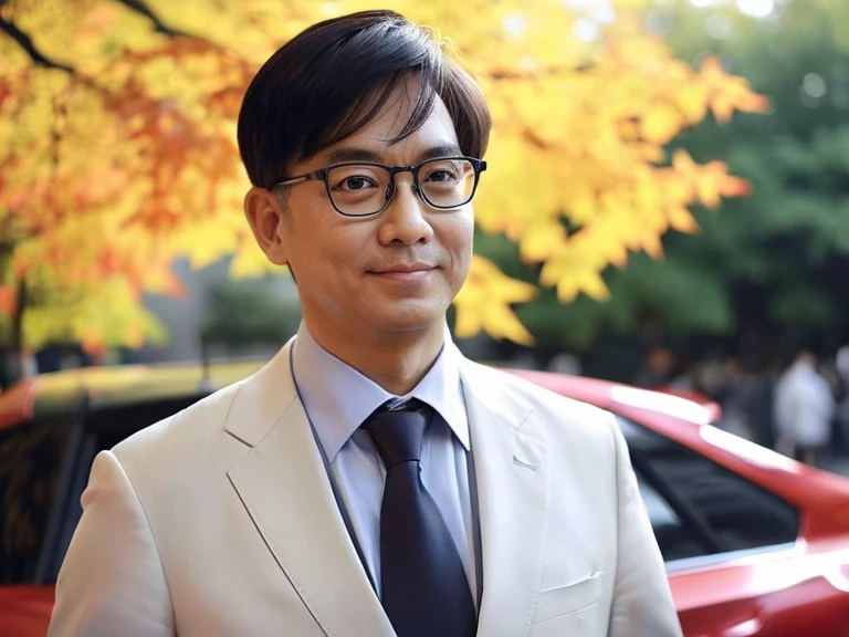 (One wears silver-white titanium alloy thin-rimmed glasses、Wearing a white shirt、Asian man in suit and tie,About 36 years old.Height 180 cm)、best quality、masterpiece、ultra high resolution、(Photo realism:1.4)、original photo、(室外街道上One wears silver-white titanium alloy thin-rimmed glasses、Wearing a white shirt、man in suit and tie、Standing under the red maple tree、Red and big maple leaves、delicate leaves、branch details)、(A white BMW car next to the man、Man's hands on car roof)shadow、octane rendering、8K、Super sharp、realistic light、(There is only one car on the street、man's shining eyes、looking in the direction of the camera)、小LED、Professional profile photo, Professional portrait photos、Realistic portrait photos, Detailed color portrait, Portrait of an idol, High quality portrait.