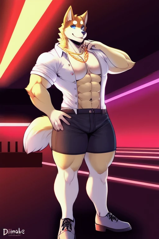 solo, male, femboy, feminine, nude anthro, furry, dog, fantasy, lewd face, blushing, on stage, pole dancing, legs spread, tail wagging, dim club lights, fantasy, short messy hair, purple eyes, slave collar, cuffs on arms, super detail, masterpiece, super detail, high quality, high resolution, high detail