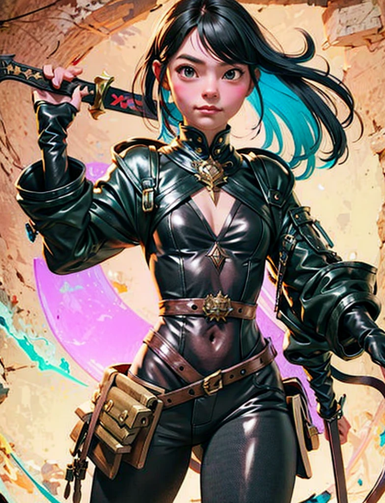 There is a woman in a black outfit, Holding the Sword, ross tran 8 k, 3d rendered character art 8 K, ross tran style, by Russell Dongjun Lu, in the style of ross tran, stunning character art, artwork in the style of guweiz, hyperdetailed fantasy character, by Ross Tran!!!, rossdraws 1. 0, epic exquisite character art