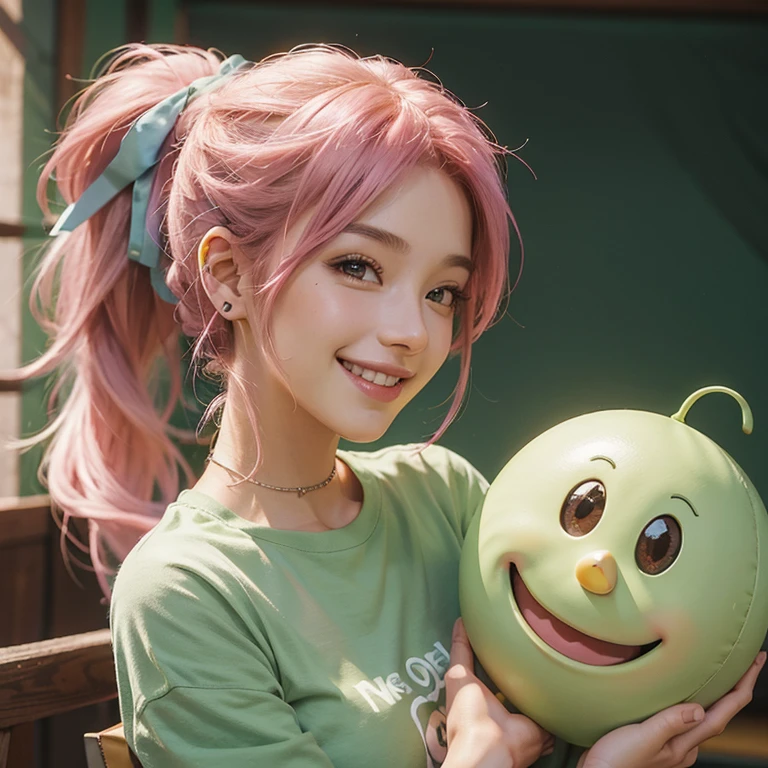 25 year old woman, smiley face, pink hair, ponytail, brown eyes, green shirt Hollow Out Love O Neck 