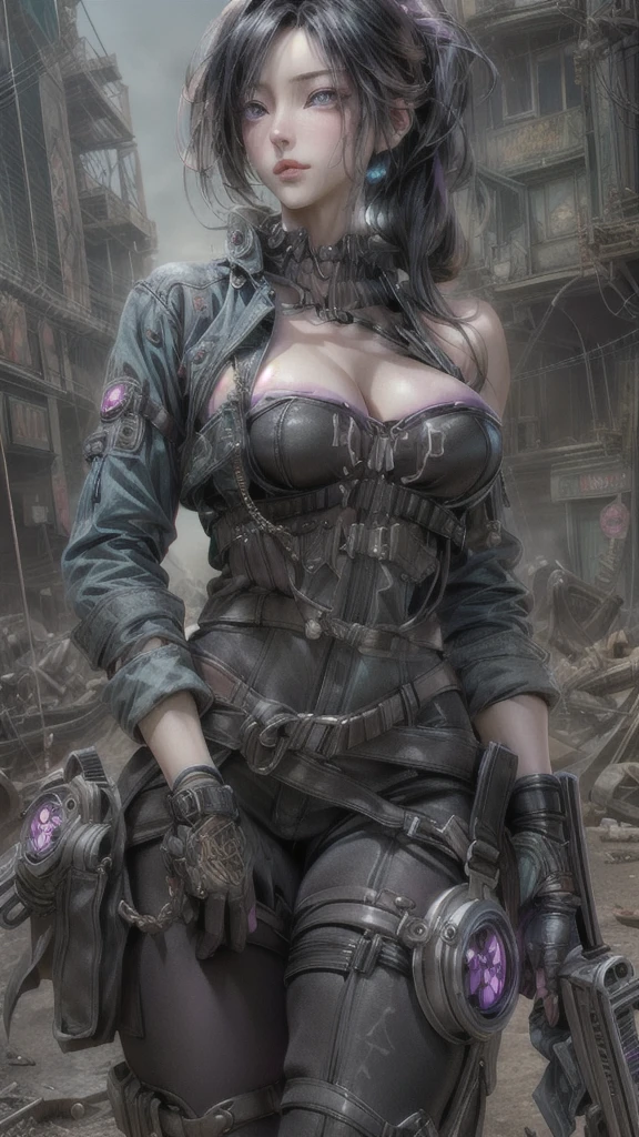 masterpiece, 1 beautiful girl, Detailed eye, Swollen eyes, top-quality,high resolution, (reality: 1.4),very extremely beautiful, Beautiful skins, A slender, Forward-facing body, (A hyper-realistic), (hight resolution), (8K), (ighly detailed), ( Best Illustration), (beautifully detailed eyes), (ultra-detailliert),Bright lighting, Professional Lighting、the most beautiful and sexy steampunk girl, black hair, purple eyes, wearing incredibly detailed post apocalyptic steampunk tactical gear and goggles, huge enormously gigantic tits, cleavage showing, tons of piercings, in post apocalyptic wasteland, incredibly detailed background,incredibly cinematic, incredibly perfect masterpiece, high quality, high resolution