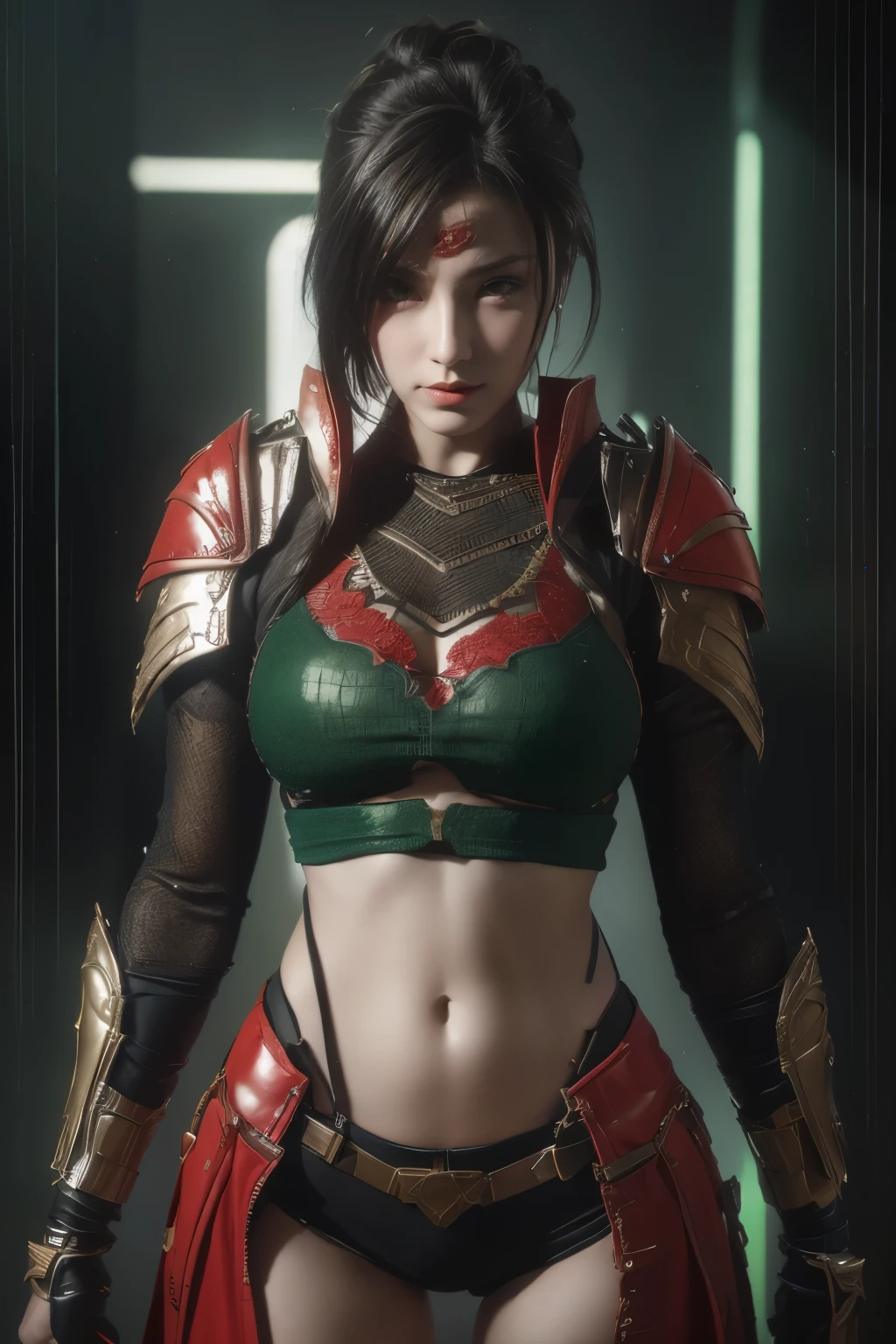 tmasterpiece,Best quality,A high resolution,8K,(Portrait photograph:1.5),(ROriginal photo),real photograph,digital photography,(Combination of cyberpunk and fantasy style),(Female soldier),20 year old girl,random hair style,By bangs,(Red eyeigchest, accessories,Redlip,(He frowned,Sneer),(Cyberpunk combined with fantasy style clothing,Openwork design,joint armor,police uniforms,Red clothes,Green),exposing your navel,Photo pose,Realisticstyle,Thunder and lightning on rainy day,(Thunder magic),oc render reflection texture