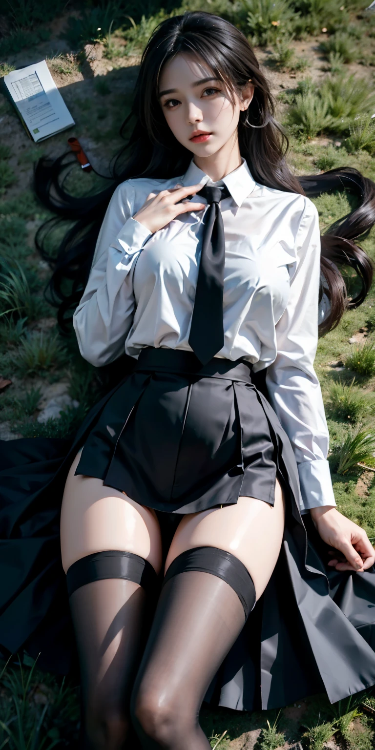 Photorealistic, high resolution, Soft light,1womanl, Solo, Hips up, view the viewer, (Detailed face), Long hair, lying on the grass ground, look from down, Show panties, See panties, secretary_uniform, Black skirt, Pantyhose, tattoo, jewelry