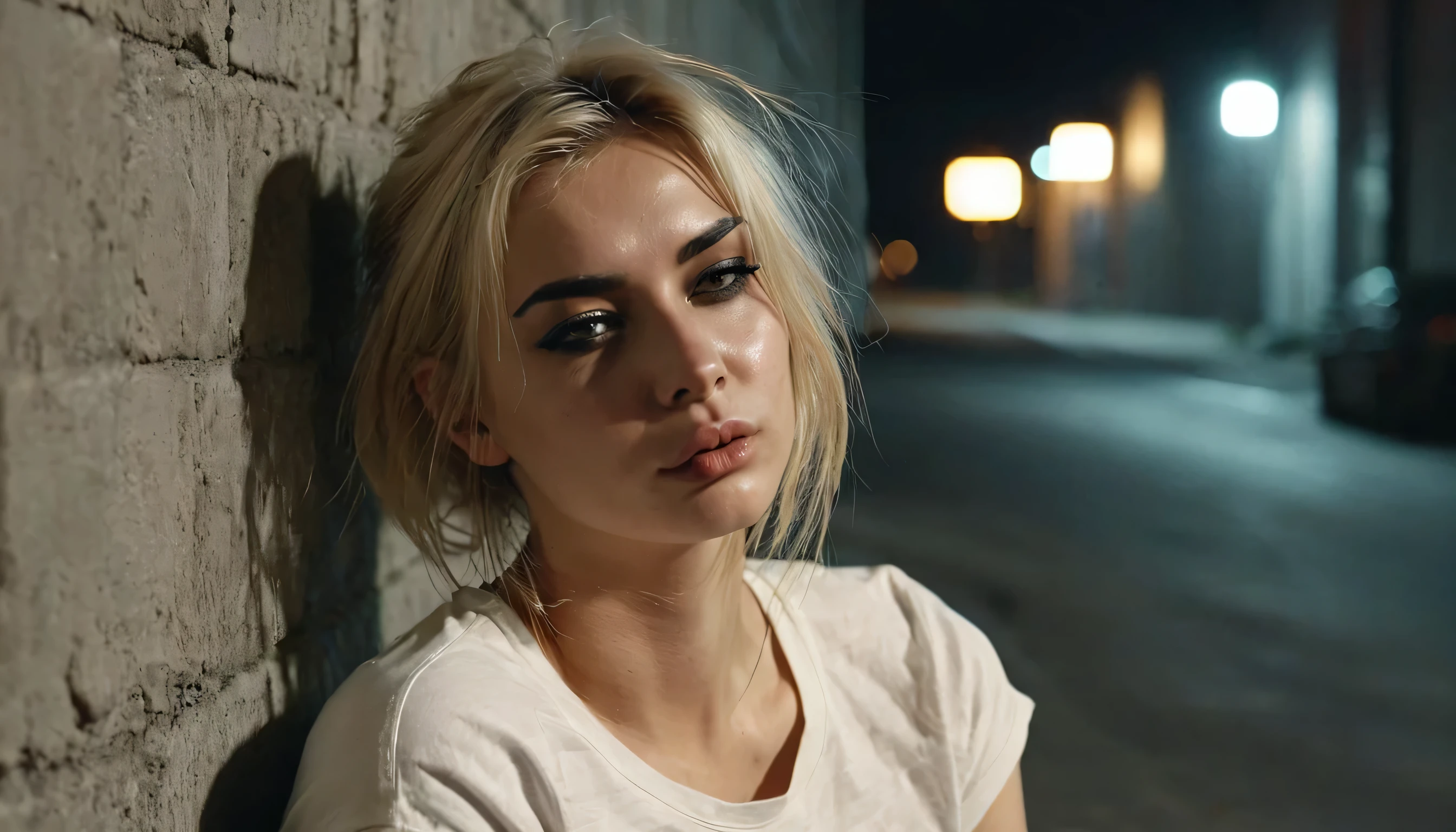 At night, young woman, of slavic decent, sharp jaw, dark eyeliner, winged eyeliner, blonde hair, small amount of dust or dirt wiped on her face, very slight smirk: 1.2, wolf cut hairstyle: 1.9, aesthetically messy hair: 1.8, she is smoking a cigarette: 1.8, cigarette is hanging out of her mouth: 1.9, she's sitting down with her back against a wall, back against a wall, she's wearing a white stained t-shirt: 1.5, dirty shirt: 1.5, her t-shirt is untucked, she's wearing skinny ripped black jeans: 1.5, she's wearing black casual boots: 1.2, she's exhausted, it's night time: 1.8, dark outside: 1.5, warm orange glow from street light: 1.8, street lamp is the only source of light: 1.8, orange hue to image from streetlight: 1.9, downwards facing light source: 1.8, solid concrete wall behind her: 1.5, zoomed out wide shot of her sitting down: 1.8, empty street around her: 1.9, zoomed out shot: 1.8, extremely detailed, highly detailed, high quality, masterpiece, 4k, 8k, full sharp, realistic