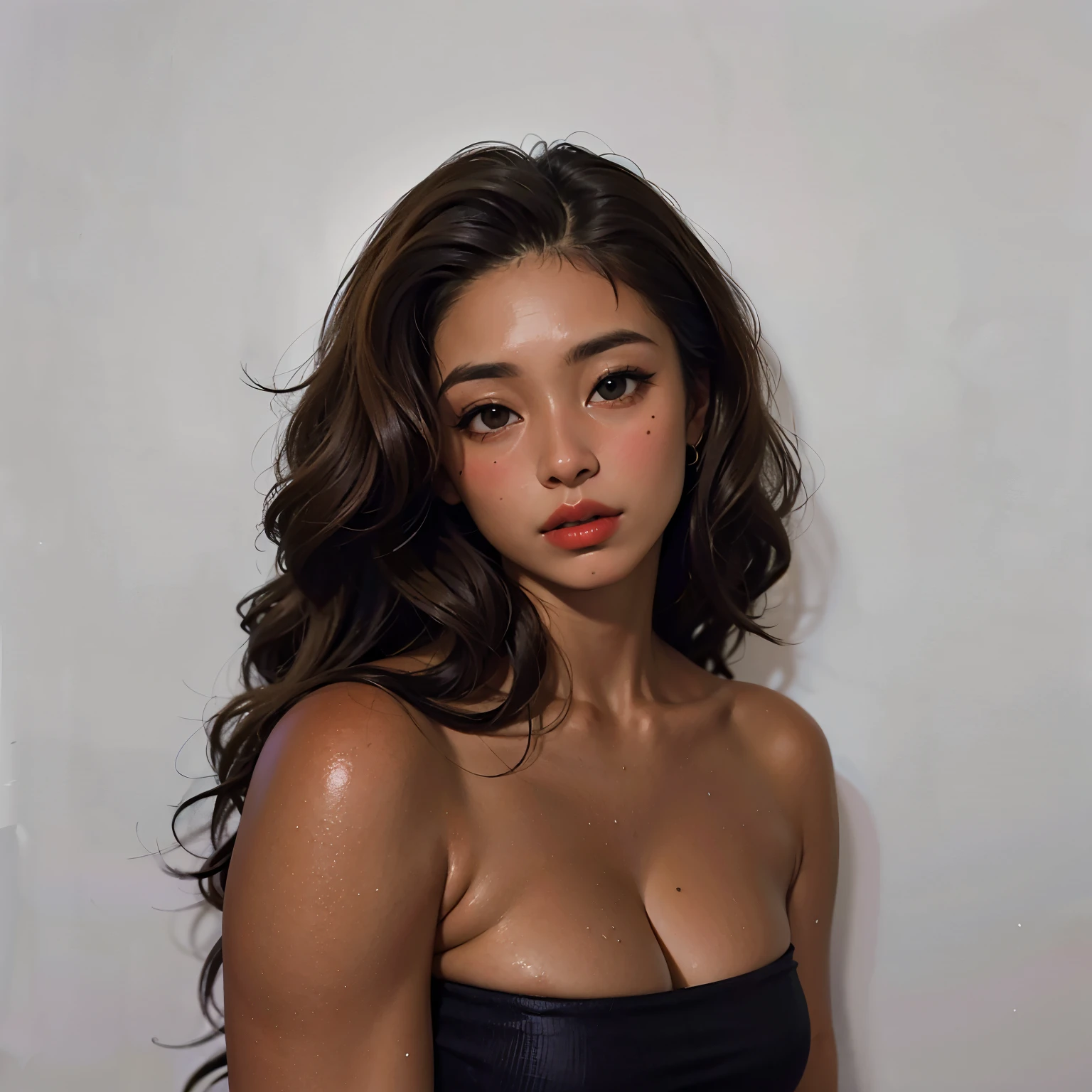 mulher bonita com cabelo escuro longo e um vestido preto, pele escura tone, pele morena escura, com pele morena, tom de pele preto escuro, very pele morena escura!, sensual expression, ela tem pele morena oliva, cabelos castanhos longos, Moreno, cabelos longos de cor castanha, pele escura, pele escura, pele escuraned, foto de perfil, olhar sensual