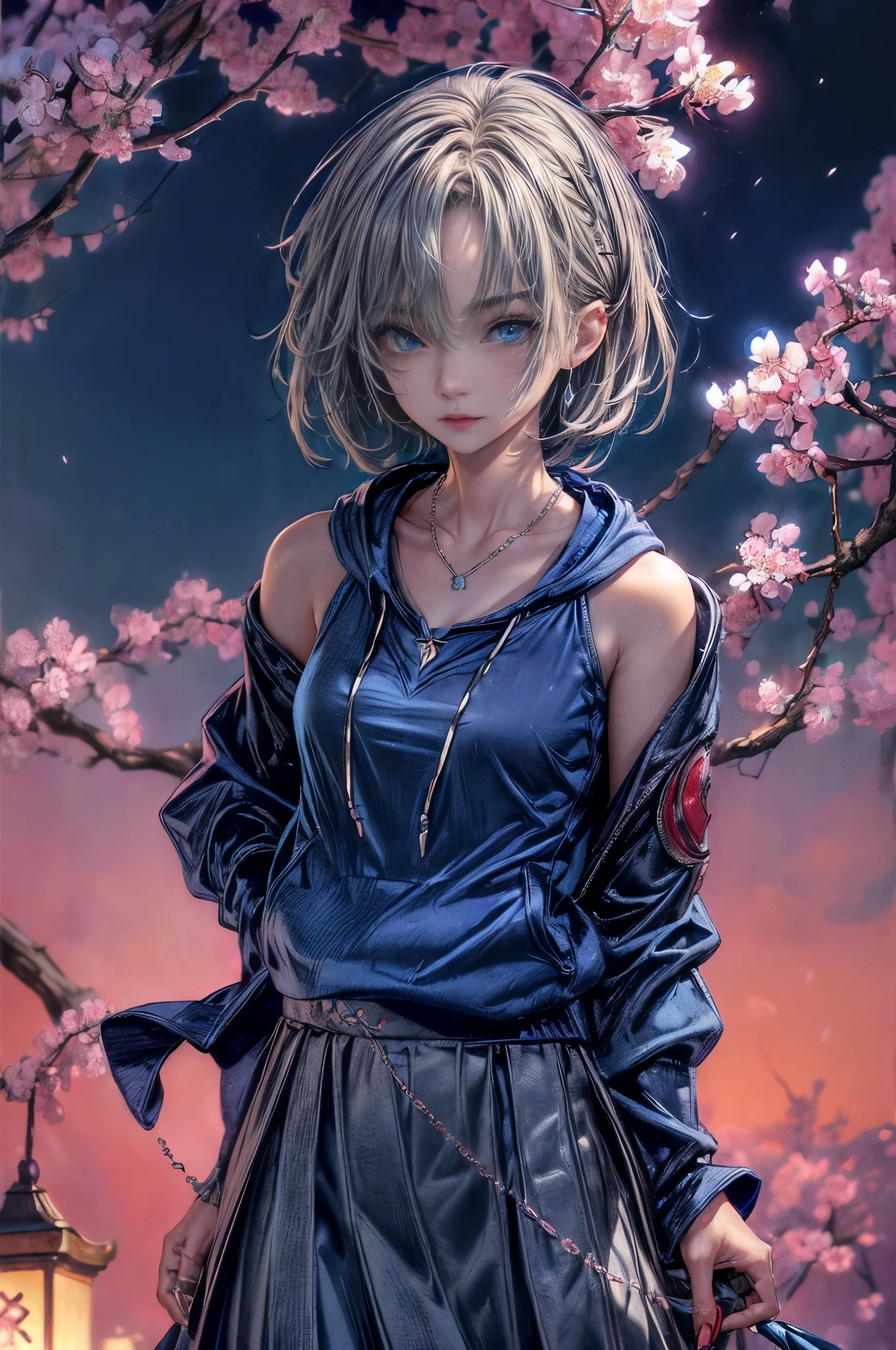 cinematic lighting、highest quality,Bright cyberpunk world、1 female、(25 year old beautiful woman、detailed beautiful facial 、short hair、shoulder length hair、blue eyes:1.4)break,medium hair、（vivid Shiny gray hair color:1.6）
break
 (Grey color long skirt:1.3),BREAK (Blue Collar Hoodie、necklace:1.3)、break.
（明るいeveningに広い公園でCherry blossom viewingをする、There is a stall:1.2）(evening、Cherry tree、Cherry blossom viewing:1.2)（portrait angle）