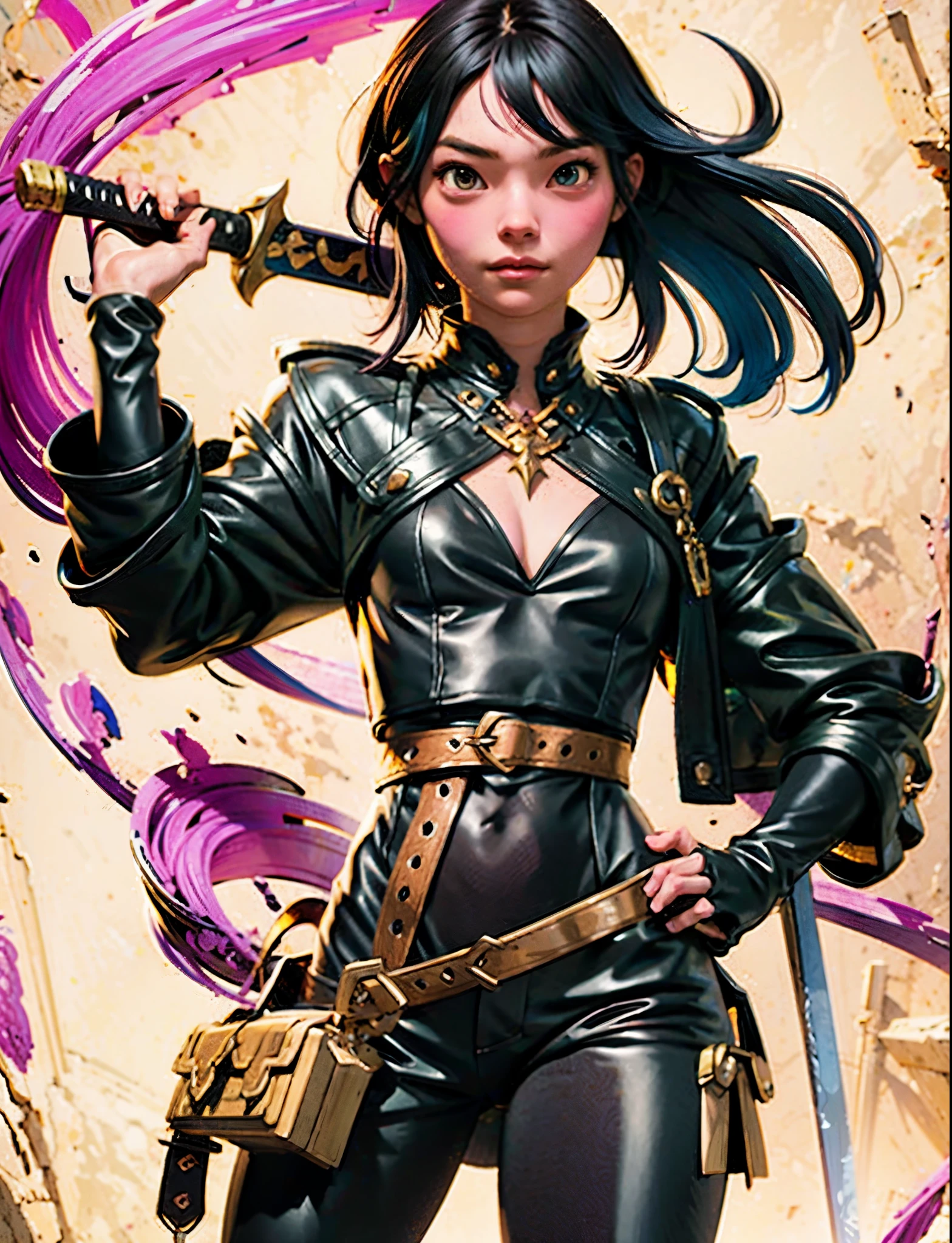 There is a woman in a black outfit, Holding the Sword, ross tran 8 k, 3d rendered character art 8 K, ross tran style, by Russell Dongjun Lu, in the style of ross tran, stunning character art, artwork in the style of guweiz, hyperdetailed fantasy character, by Ross Tran!!!, rossdraws 1. 0, epic exquisite character art