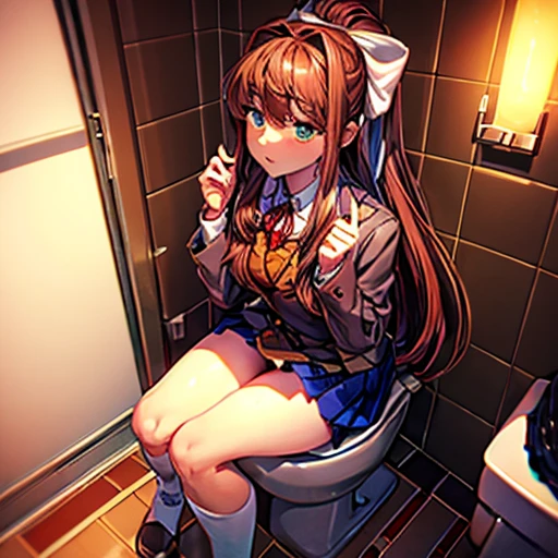 masterpiece, Best quality, A high resolution, extremely detailed, detailed background, cinematic lighting, 1 girl, I look at the viewer, Monika, green eyes, Brown hair, very long hair, ponytail, Hair ribbon, white ribbon, ,blazer, brown sweater, collared shirt, neck band, blue skirt, Long socks, sitting on the toilet, poops, diarrhoea,