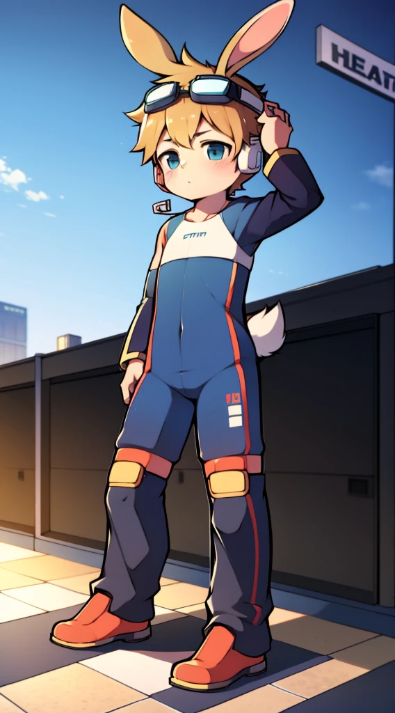 2D Boy Shota，One-piece racing suit，Slim, healthy body，Put the headphones on your head，stand up，goggles，Rabbit ears