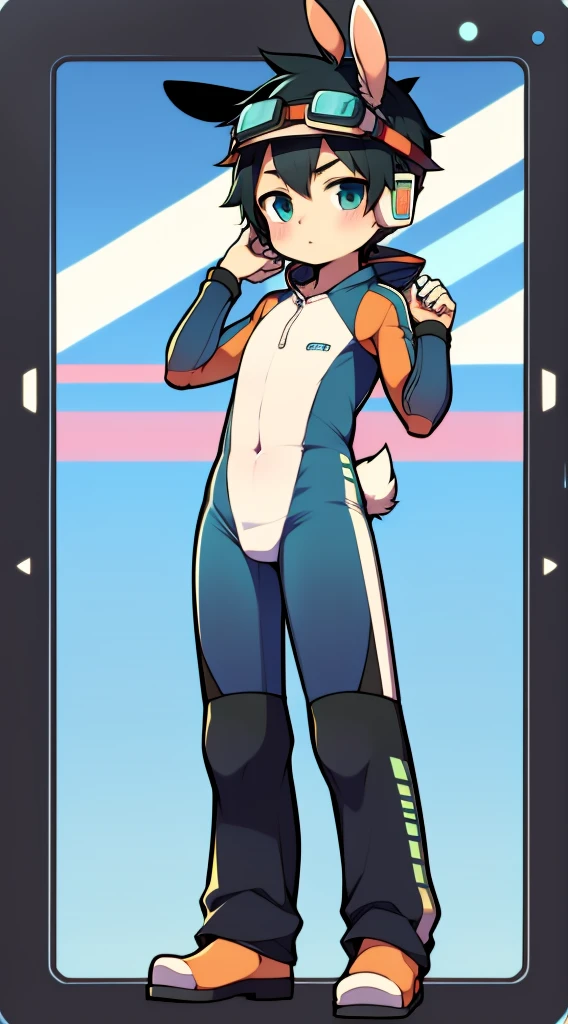 2D Boy Shota,One-piece racing suit,Slim, healthy body,Put the headphones on your head,stand up,goggles,Rabbit ears