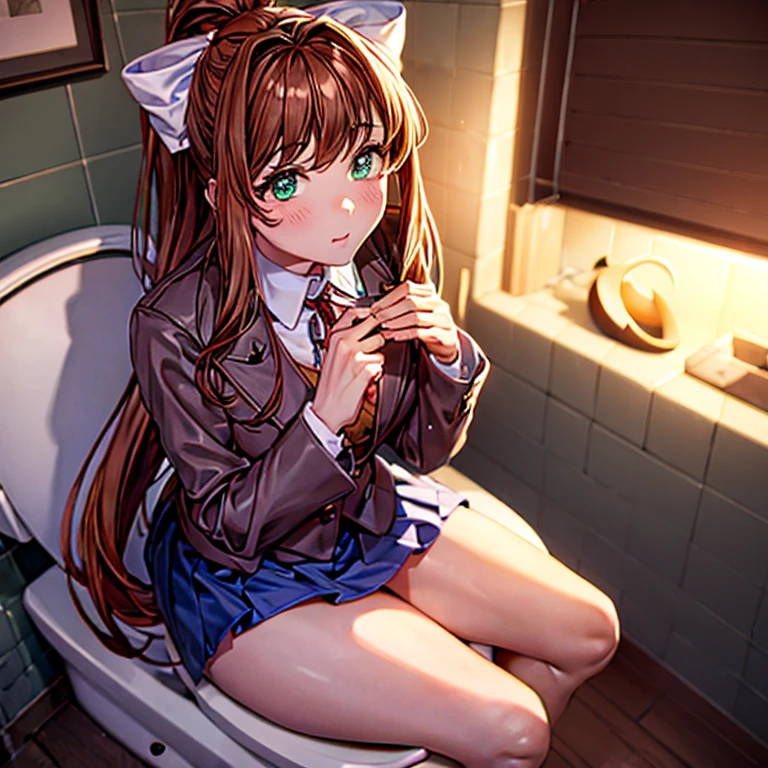 masterpiece, Best quality, A high resolution, extremely detailed, detailed background, cinematic lighting, 1 girl, I look at the viewer, Monika, green eyes, Brown hair, very long hair, ponytail, Hair ribbon, white ribbon, ,blazer, brown sweater, collared shirt, neck band, blue skirt,  Long socks, sitting on the toilet, poops, diarrhoea,