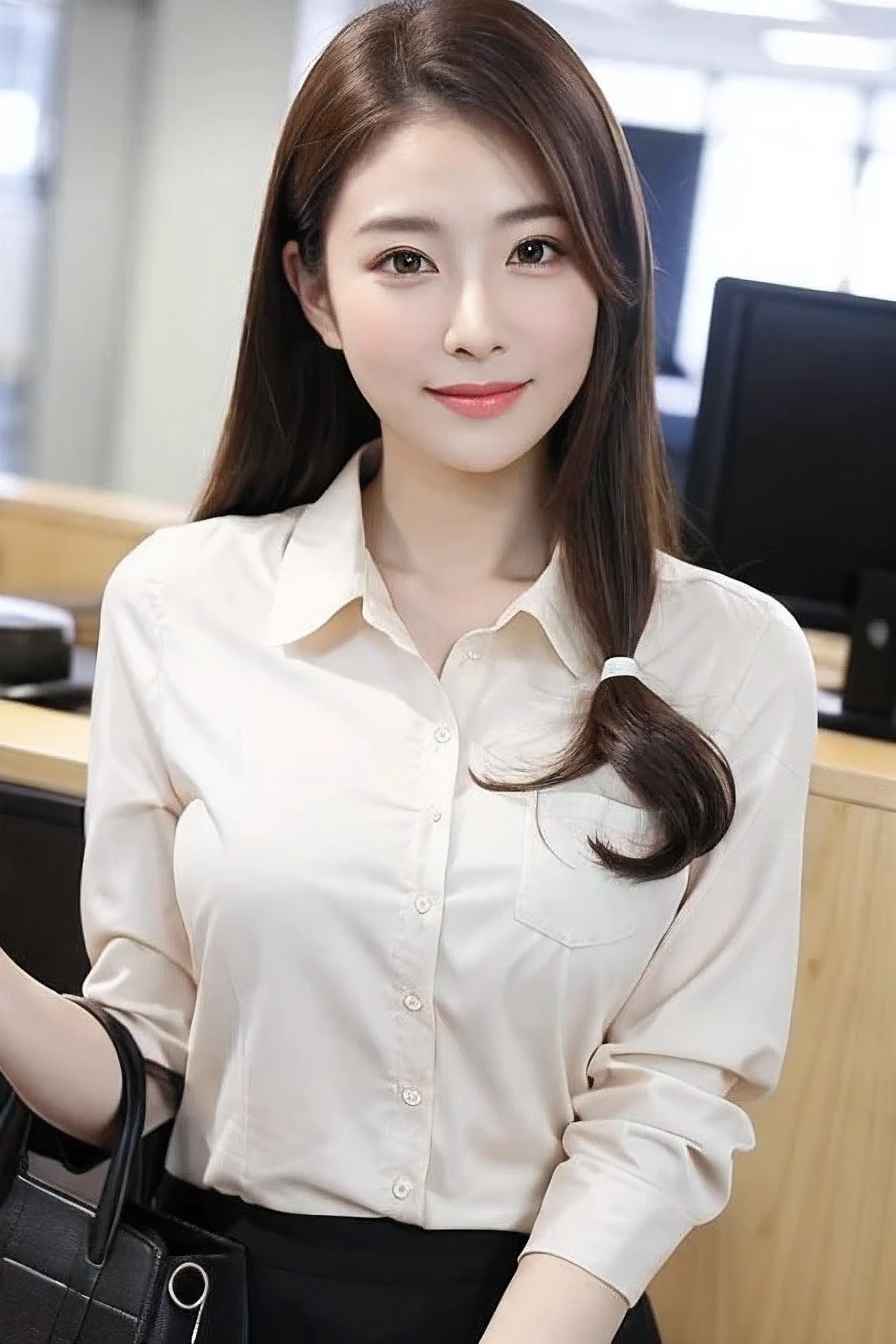 ((highest quality)), ((masterpiece)), (become familiar with), Perfect face office worker japanese woman 30 generations Office Casual Hairstyles Cafe