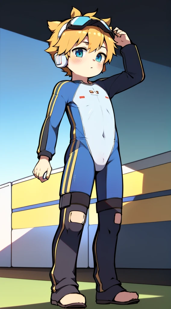 2D Boy Shota，One-piece racing suit，Slim, healthy body，Put the headphones on your head，stand up，goggles，Rabbit ears