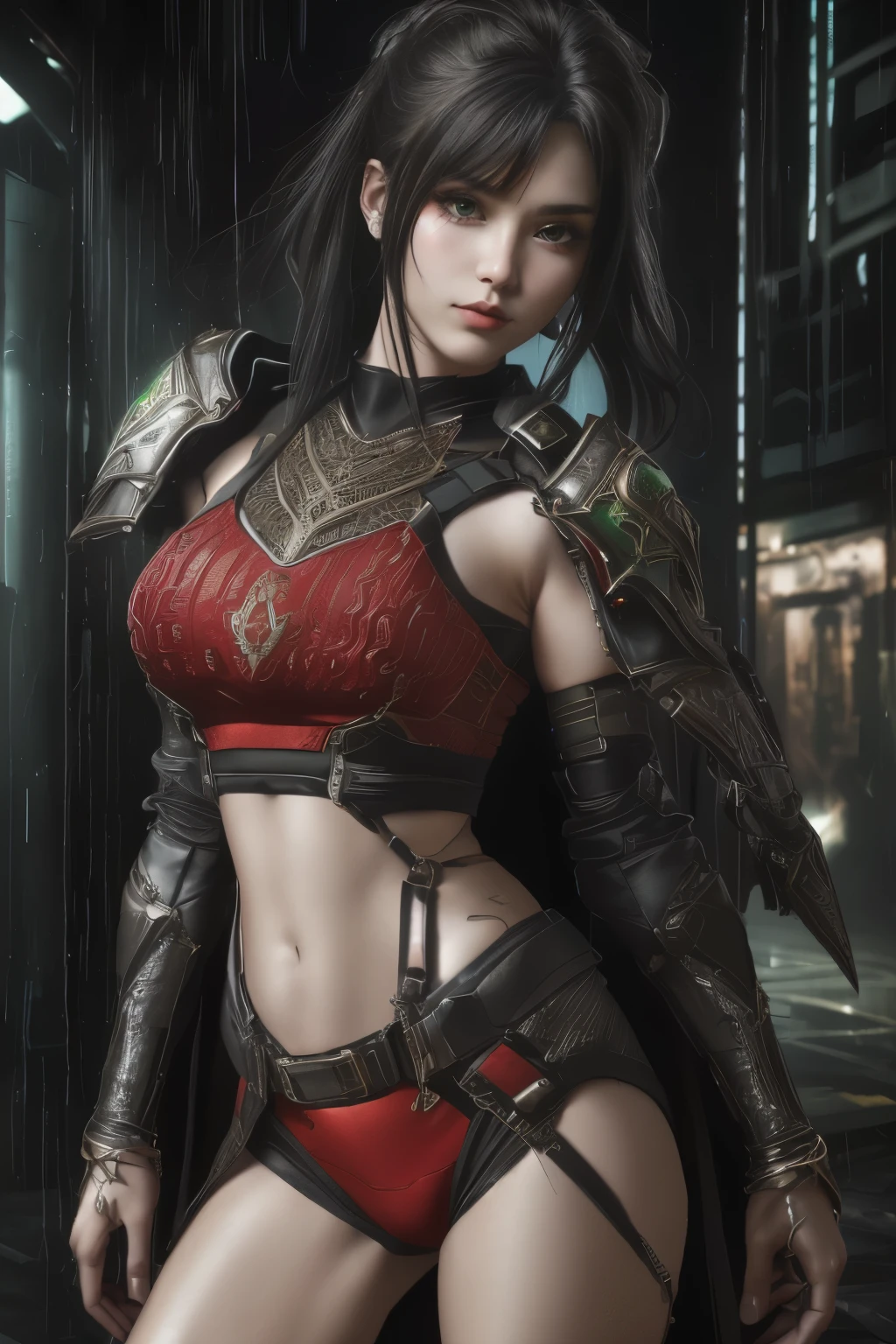 tmasterpiece,Best quality,A high resolution,8K,(Portrait photograph:1.5),(ROriginal photo),real photograph,digital photography,(Combination of cyberpunk and fantasy style),(Female soldier),20 year old girl,random hair style,By bangs,(Red eyeigchest, accessories,Redlip,(He frowned,Sneer),(Cyberpunk combined with fantasy style clothing,Openwork design,joint armor,police uniforms,Red clothes,Green),exposing your navel,Photo pose,Realisticstyle,Thunder and lightning on rainy day,(Thunder magic),oc render reflection texture