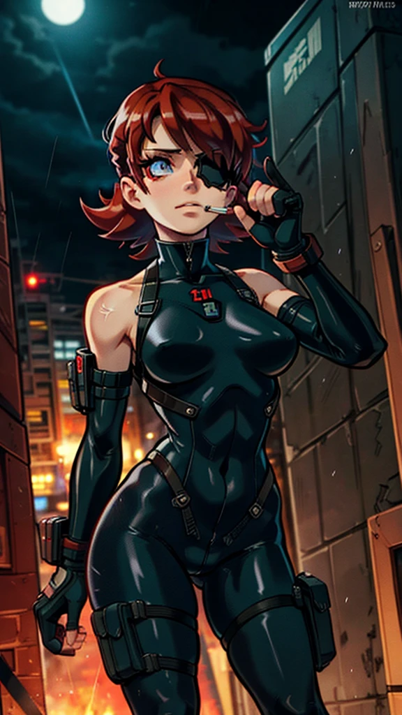 (masterpiece), best quality, expressive eymasterpiece, high-detail, sketch, dino crisis, [solo female], (aim pose, fight with raptor, holding mp5, holding weapons), black bodysuit, gray fabric layer under bodysuit, 30 year, bare shoulders, tactical fingerless glove, best quality, masterpiece, best quality, finely detail, beautiful detailed eyes, ultra detailed, extremely beautiful CG, super detailed skin, best quality, intricate, {{high quality}}, extra colors, 2D, megapixel, perfectionism, accent lighting, full HD, 4K, sukeban, sukeban deka, delinquent,) (1girl, full body, 1girl, solo female, mature female, full body, contrapposto, big boss metal gear, the boss metal gear, Escape from New York, akira, blade runner, die hard, metal gear solid v, snake plissken, rex power colt, Far Cry 3 Blood Dragon,) ( collarbone, red hair, red eyes, short hair, weird red hair, short red hair, evil smile, small_breasts, best quality, beautifully detailed face, ray tracing, DOF,HDR, smoking) (fingerless_gloves,  fully clothed, gloves, cigarette, jacket, eyepatch on one eyes, eyepatch on the left eyes, tactical gear, tactical uniform, camouflage bodysuit, sneaking_suit) gainax anime style, studio gainax art, studio gainax illustration,inspired by Masamune Shirow, studio gainax, by Masamune Shirow, beautiful charcter from evangelion (outdoors, (night:1.1), military base background, radio tower background, science fiction background, futuristque background , outdoor, akira city sky line background, official art, raining, rain, storm, science fiction military base background), perfect face, 