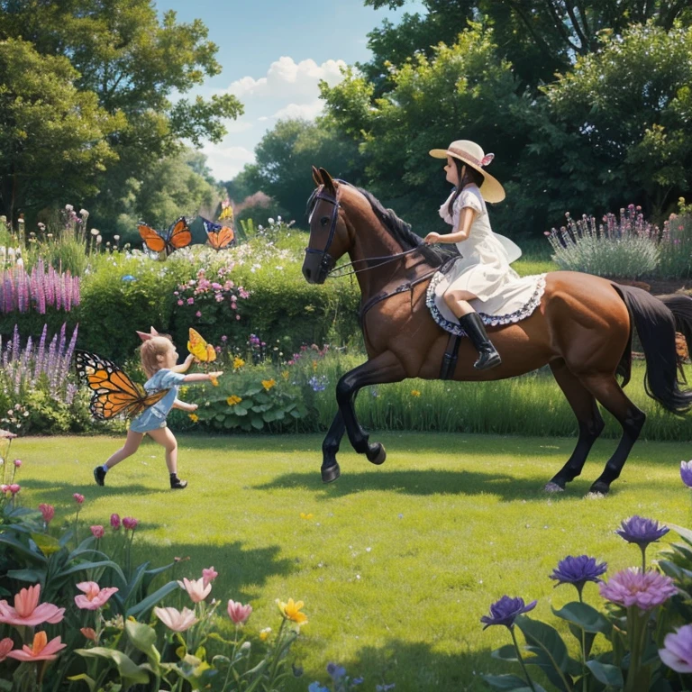 A cute horse and a pretty butterfly playing on garden