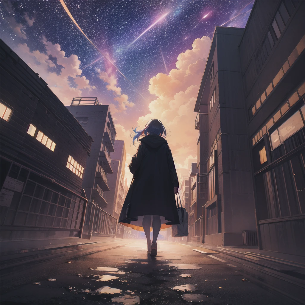 (masterpiece,8K),octane, null, star (null), scenery, starry null, night, Multiple meteorites rain down,night null, outdoor, building, cloud, milky way, wood, city, silhouette, 1 girl,most detailed,The most vivid,colorful