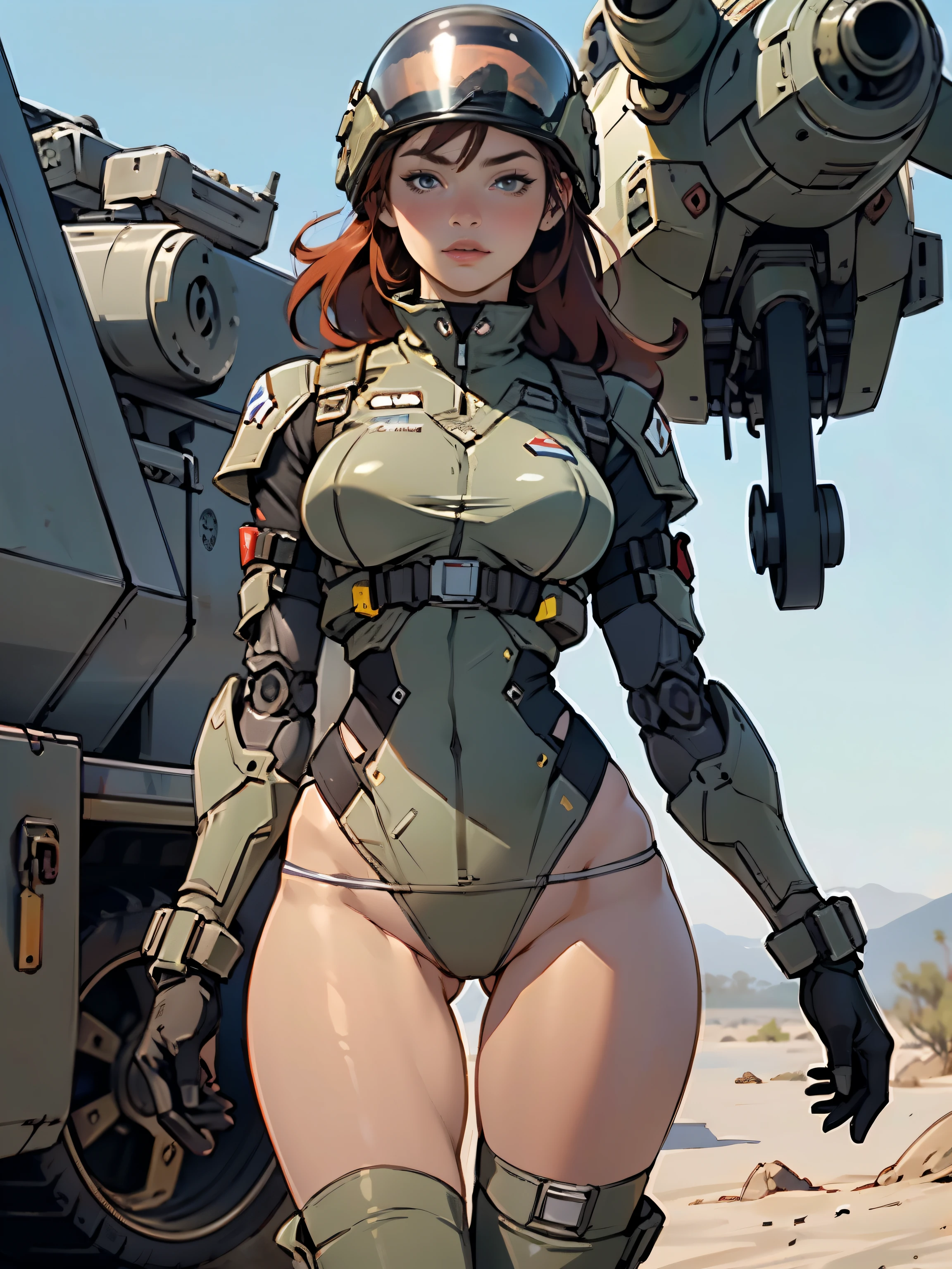 1woman 20 years old, military, wearing a soldier helmet, beautiful, perfect body, realistic, red hair, perfect body, thin waist, , large breasts, slim thighs, desert background, armored vehicle, flying fighters, military robot dog, camouflaged uniform, wealth of details, tight panties, marking on the front, slender knees, highly detailed, high resolution, prefect hands, slender thighs, thigh gap